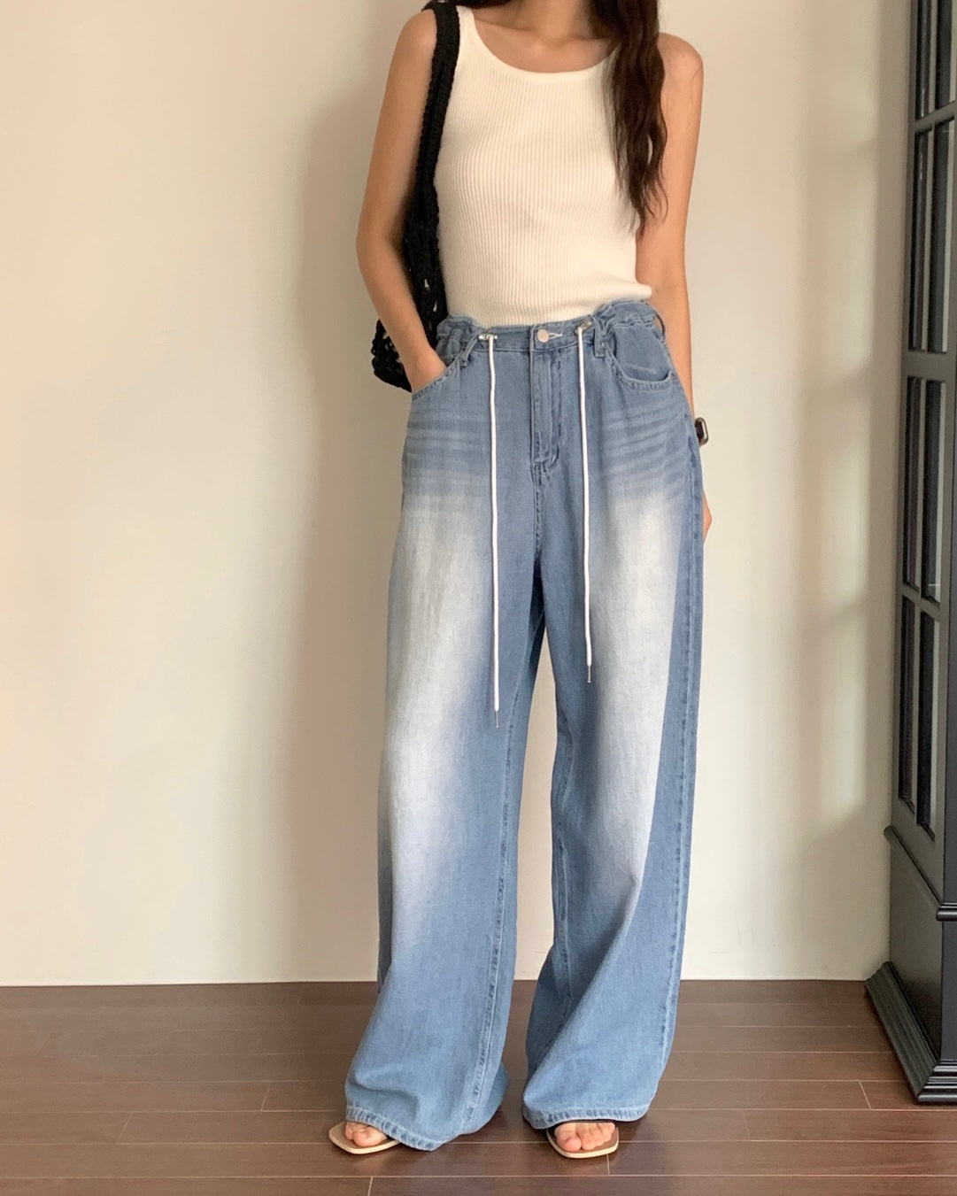 Drawstring Wide Leg Denim Pants