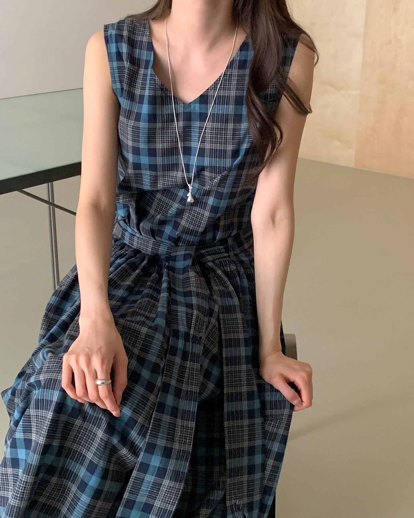 Blue Plaid Sleeveless Dress