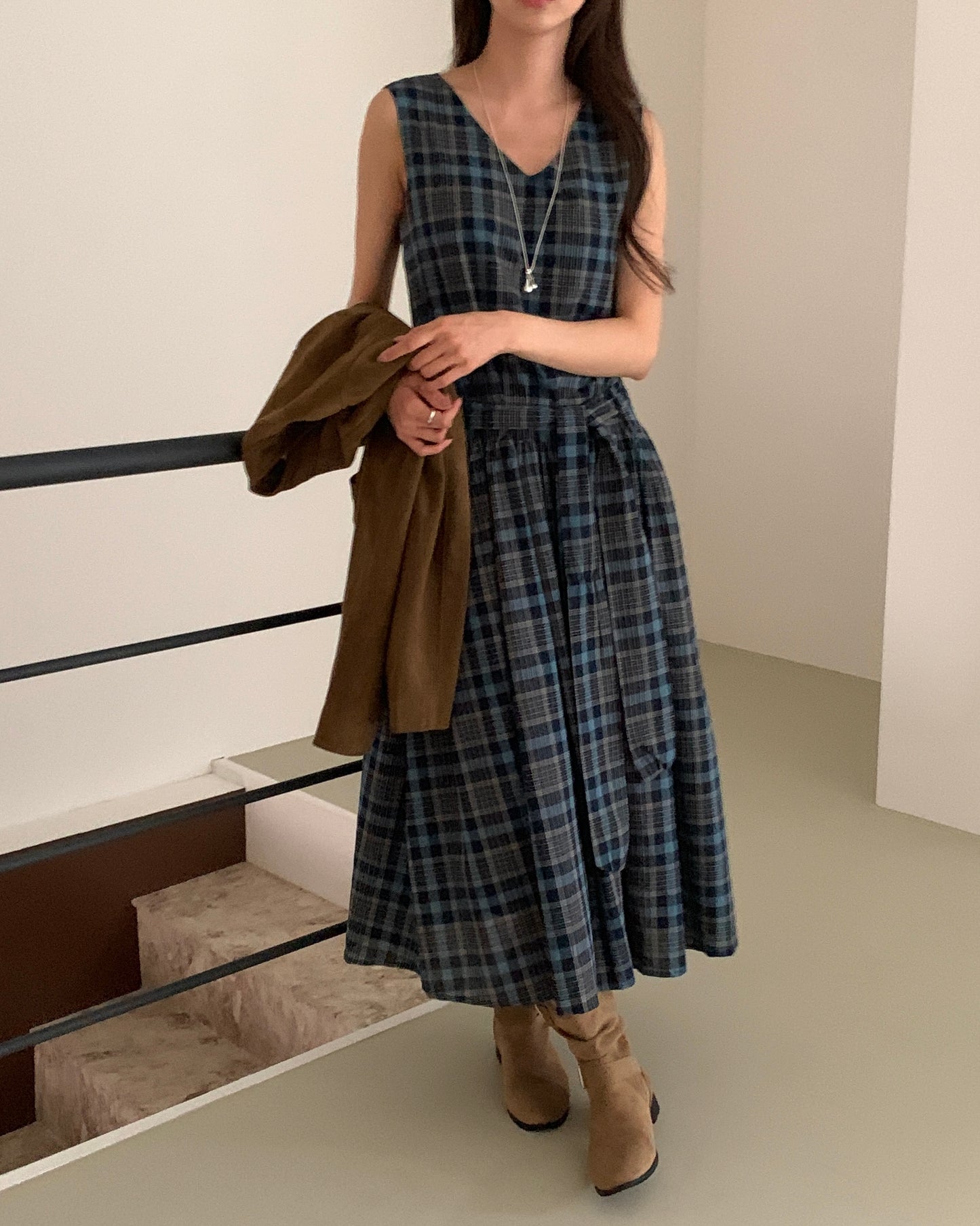 Blue Plaid Sleeveless Dress