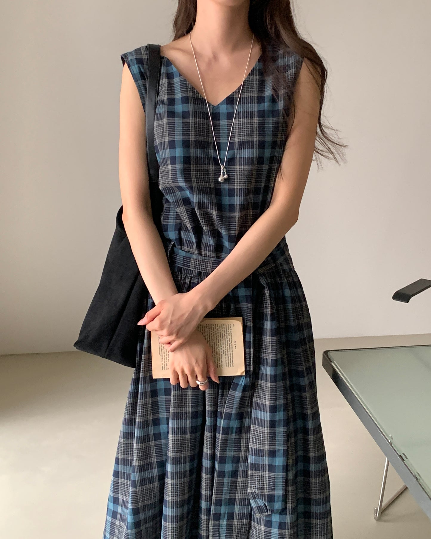 Blue Plaid Sleeveless Dress