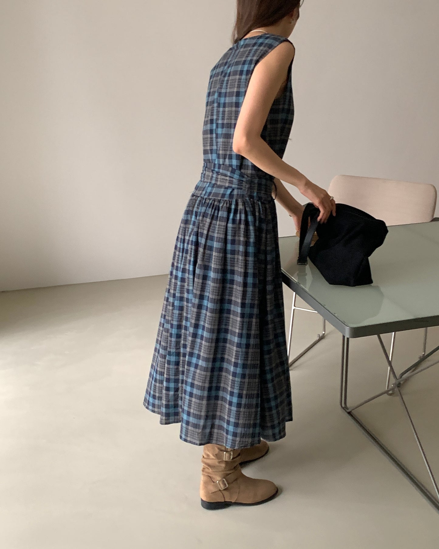 Blue Plaid Sleeveless Dress