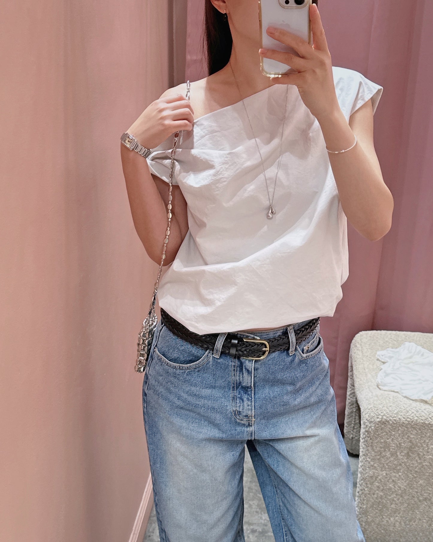 Asymmetric Shoulder Cotton Blouse