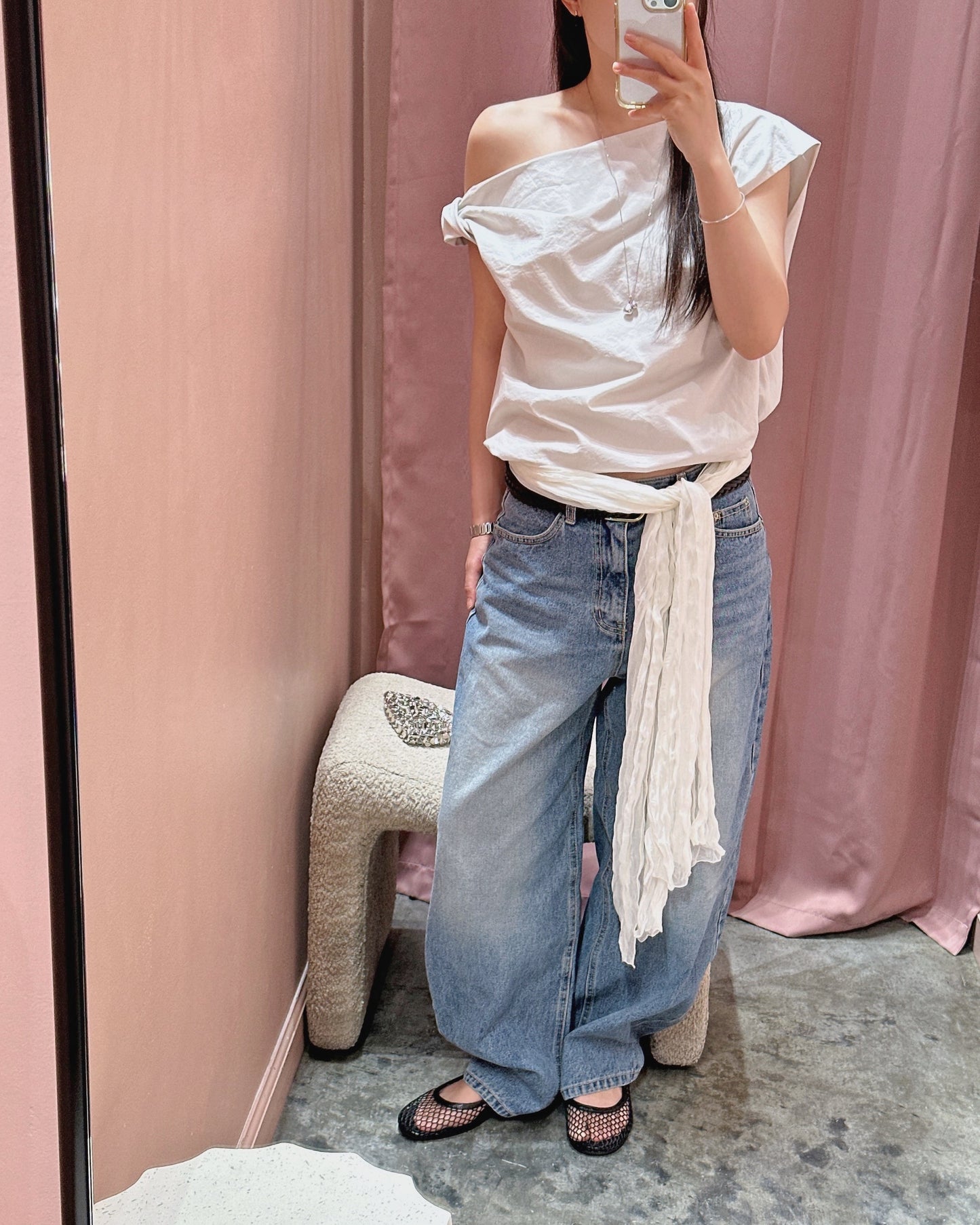 Asymmetric Shoulder Cotton Blouse