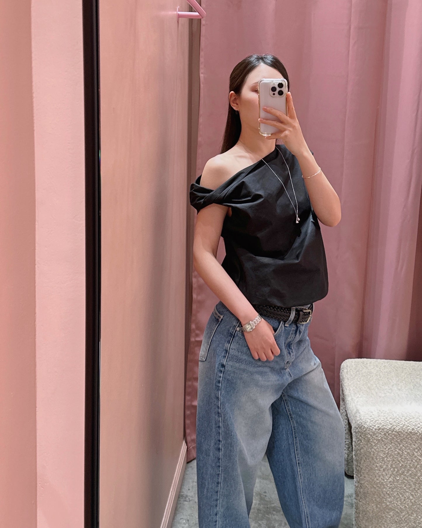 Asymmetric Shoulder Cotton Blouse