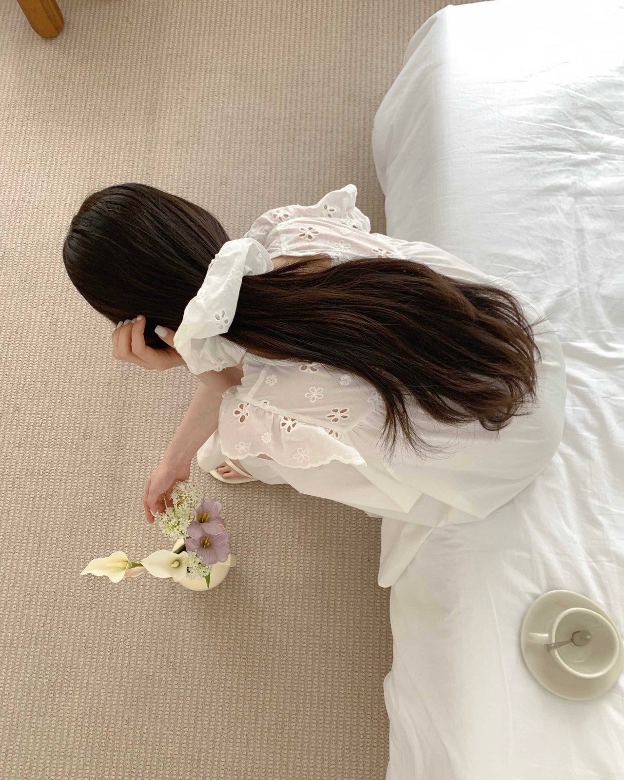 Floral Cutwork Pajama Dress with Scrunchie