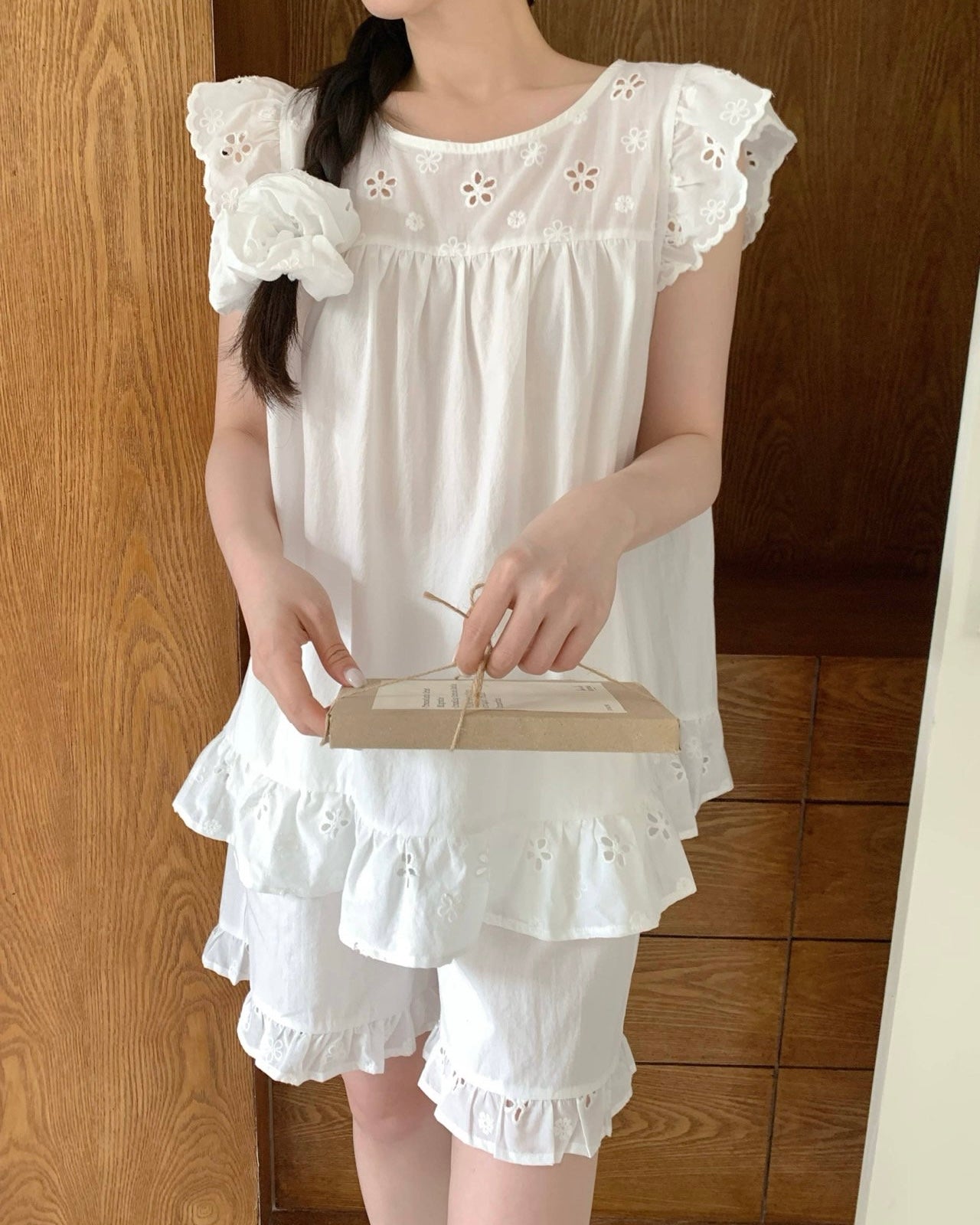 Floral Cutwork Pajama Set with Scrunchie