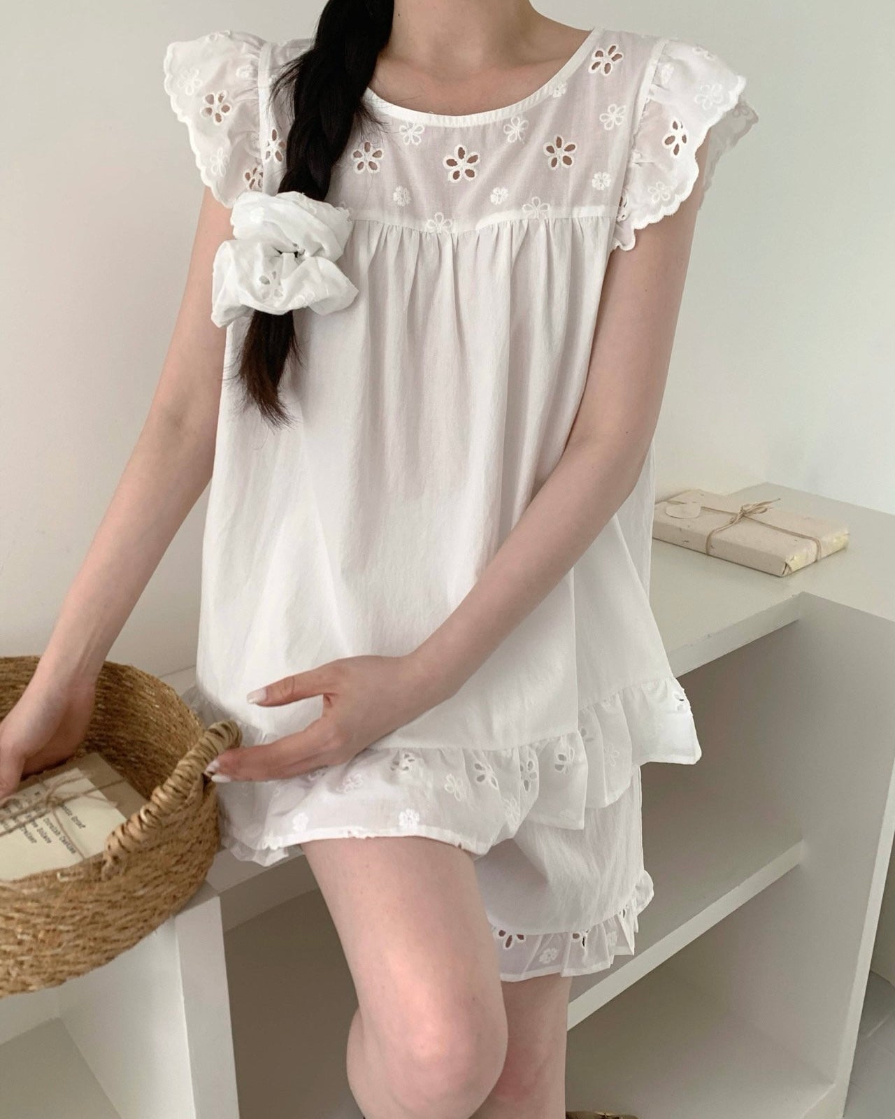 Floral Cutwork Pajama Set with Scrunchie