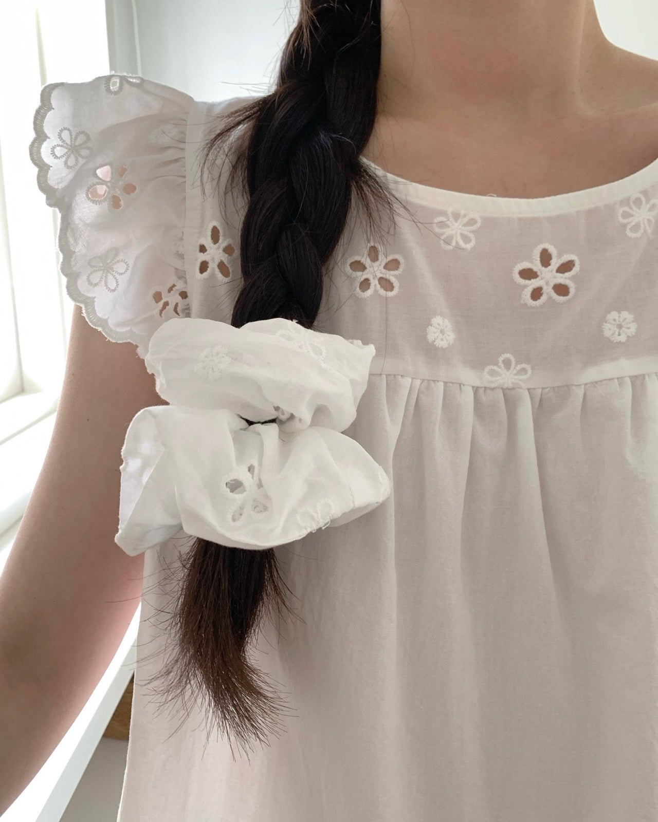 Floral Cutwork Pajama Dress with Scrunchie