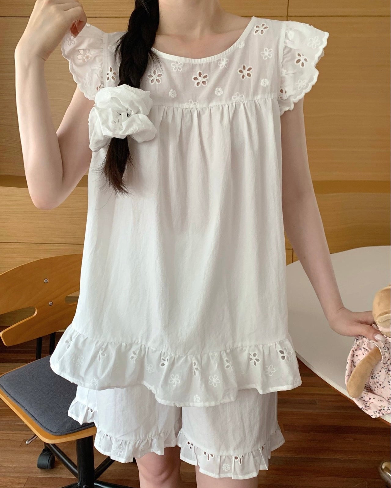 Floral Cutwork Pajama Set with Scrunchie