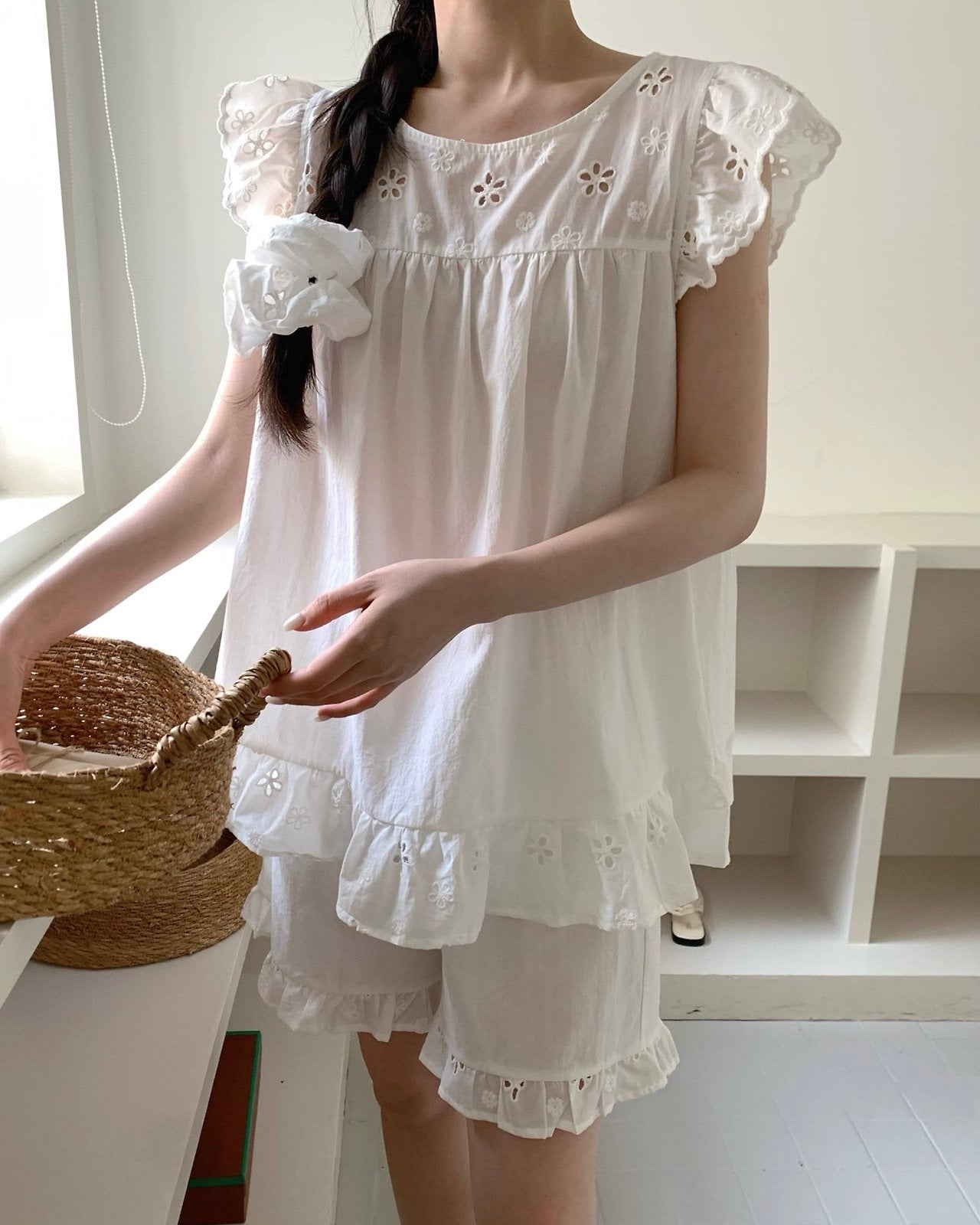 Floral Cutwork Pajama Set with Scrunchie