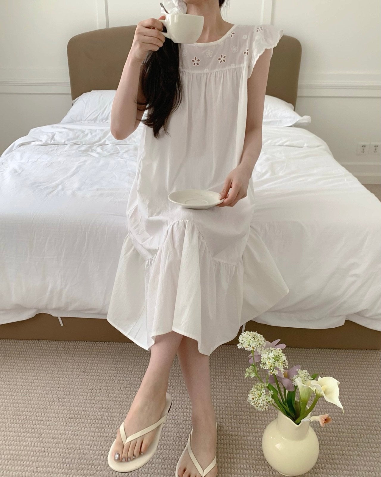 Floral Cutwork Pajama Dress with Scrunchie