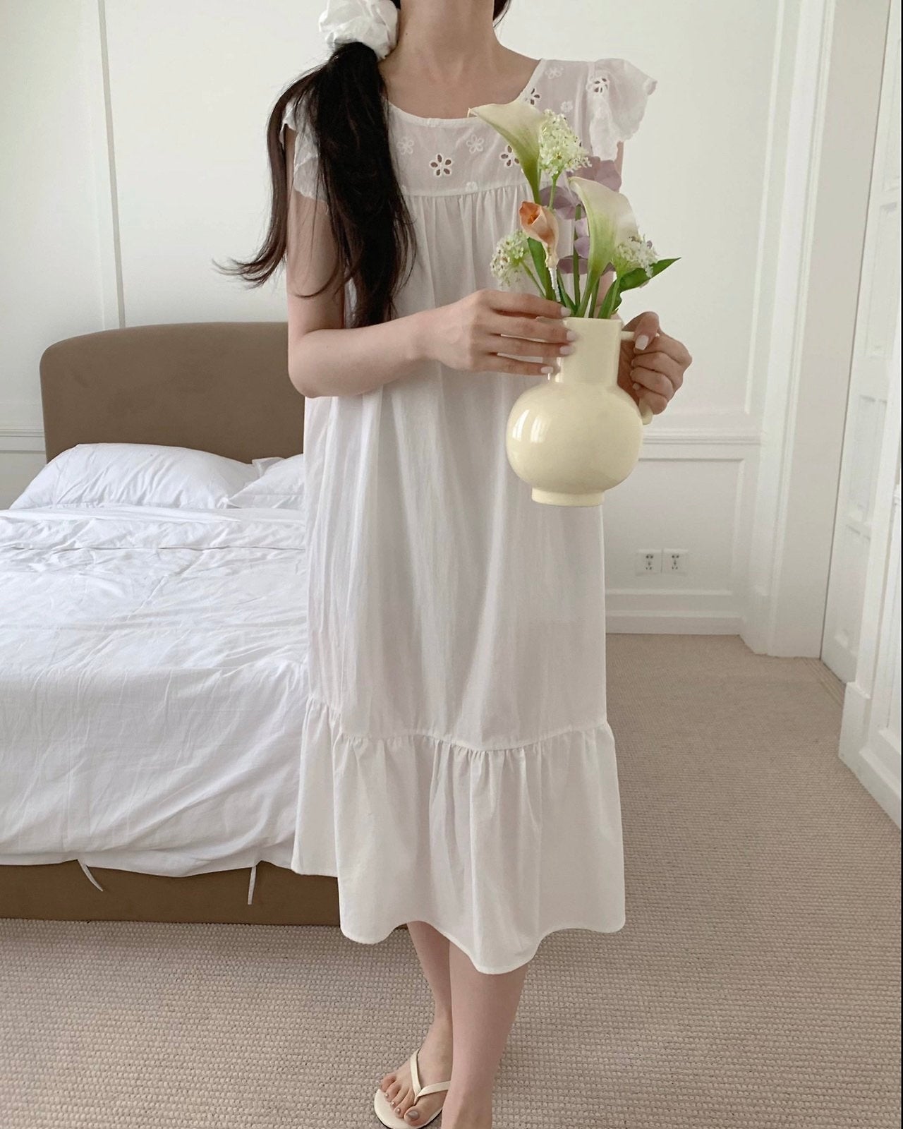 Floral Cutwork Pajama Dress with Scrunchie