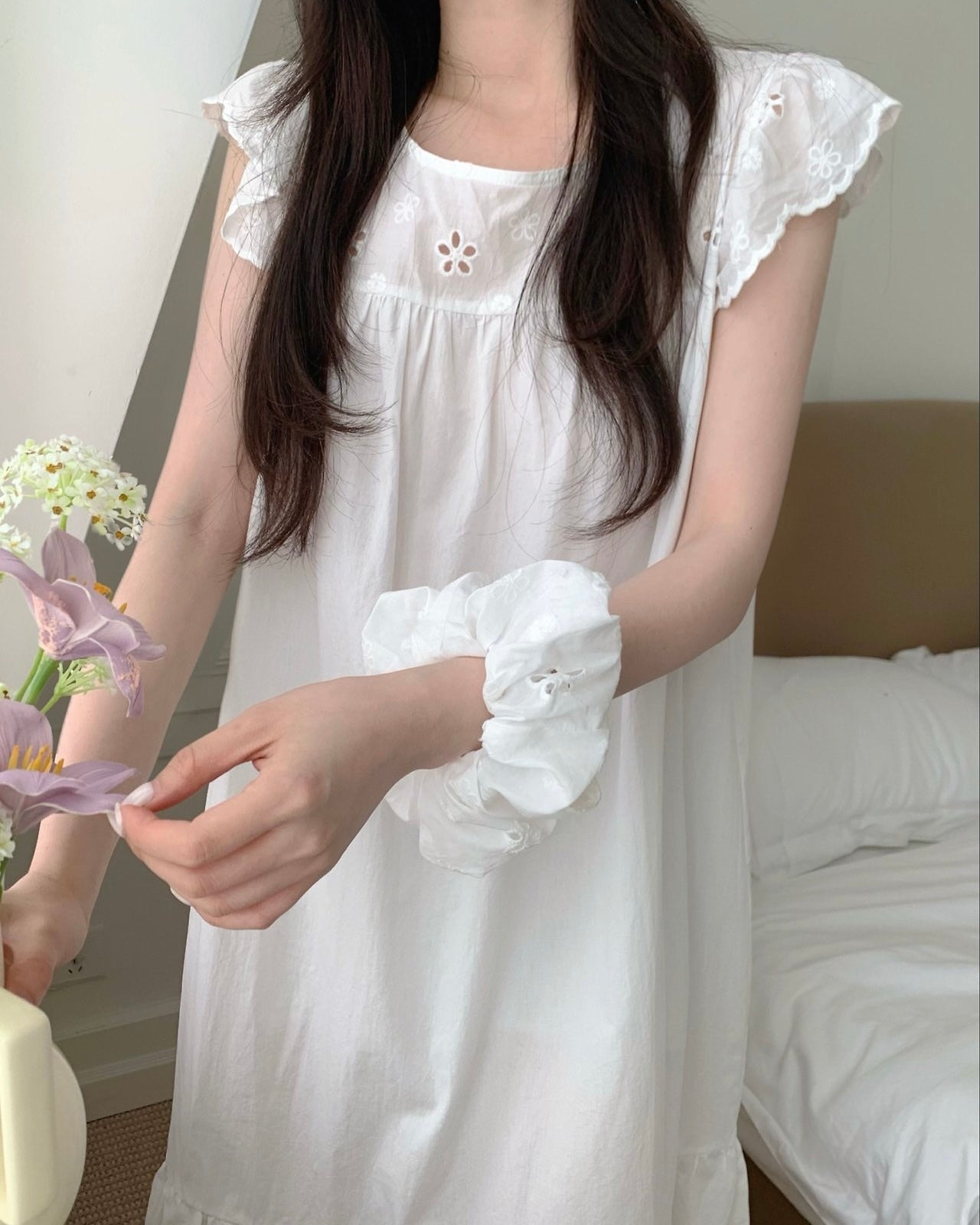 Floral Cutwork Pajama Dress with Scrunchie