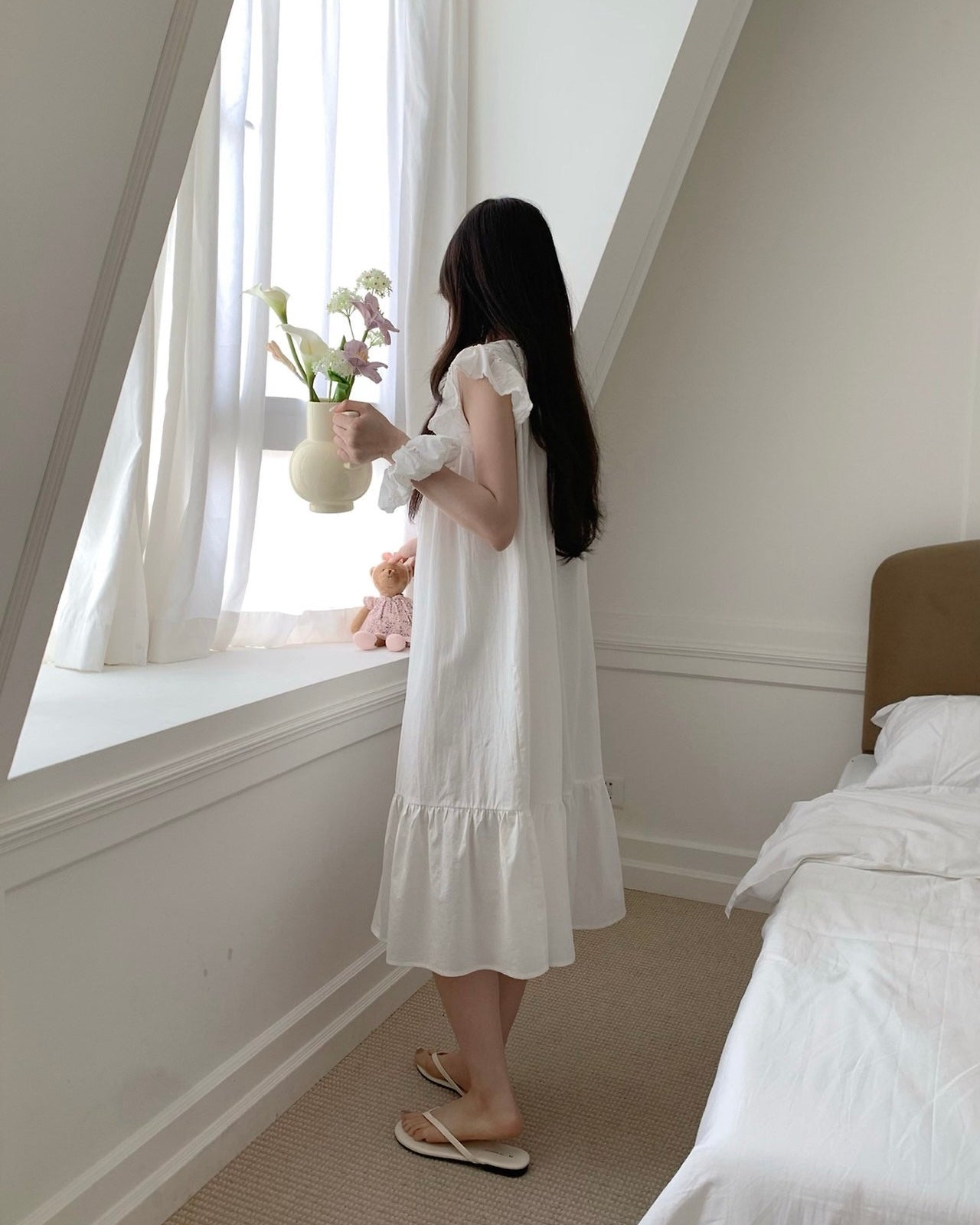 Floral Cutwork Pajama Dress with Scrunchie