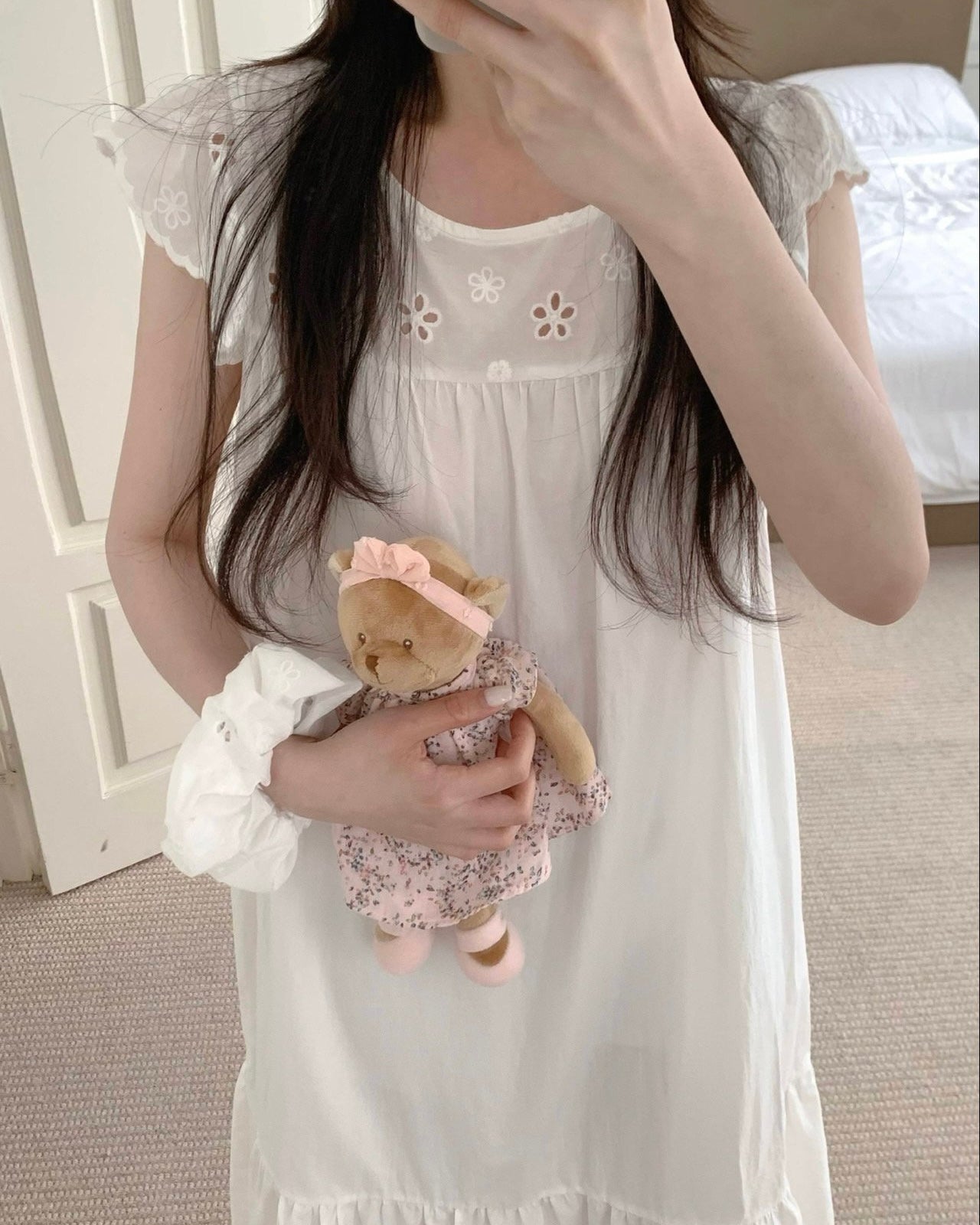 Floral Cutwork Pajama Dress with Scrunchie