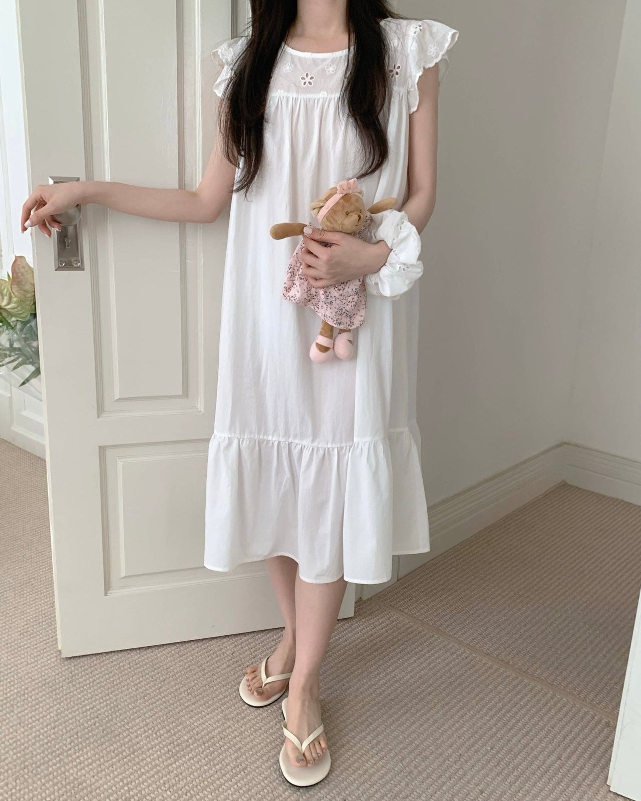 Floral Cutwork Pajama Dress with Scrunchie