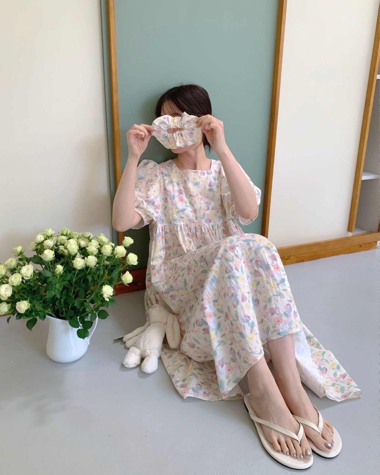 Pastel Floral Pajama Dress with Scrunchie