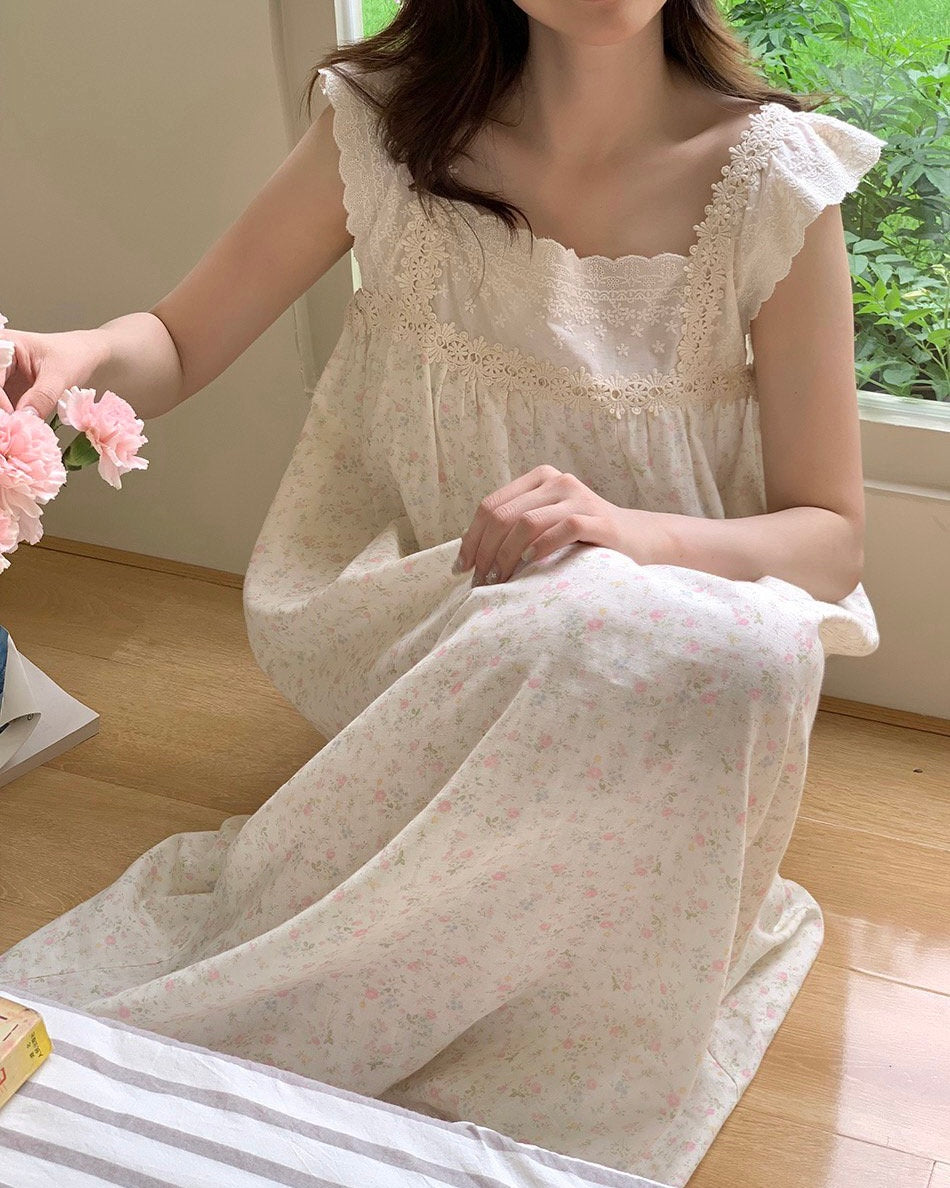 Soft Pink Floral Lace Pajama Dress