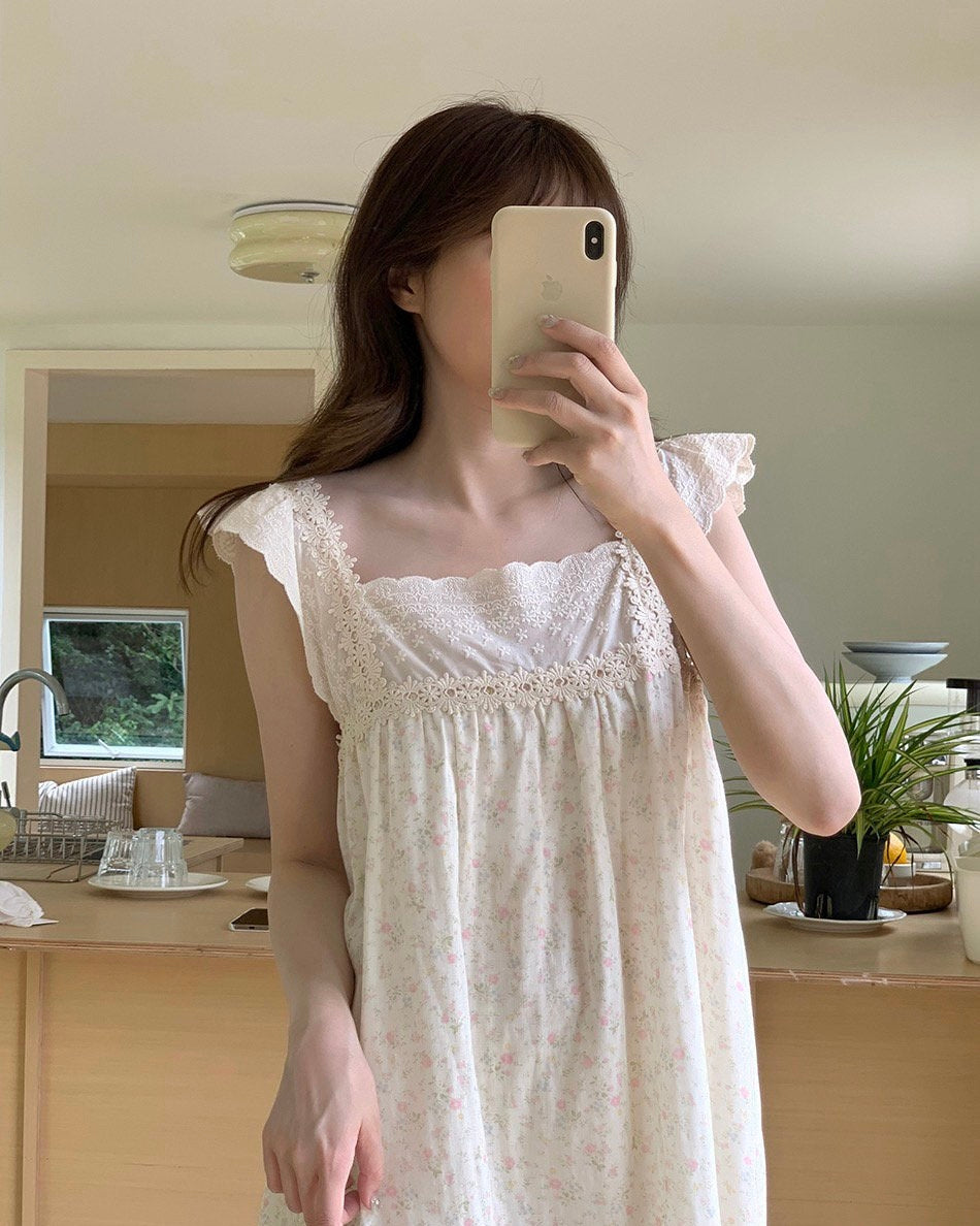 Soft Pink Floral Lace Pajama Dress