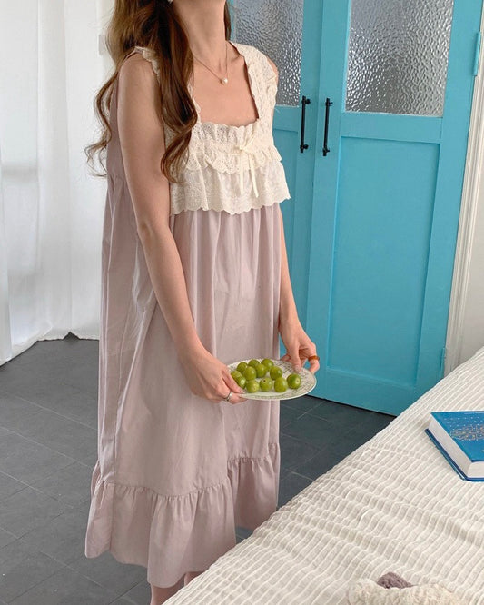 Dusty Pink Lace Trim Pajama Dress