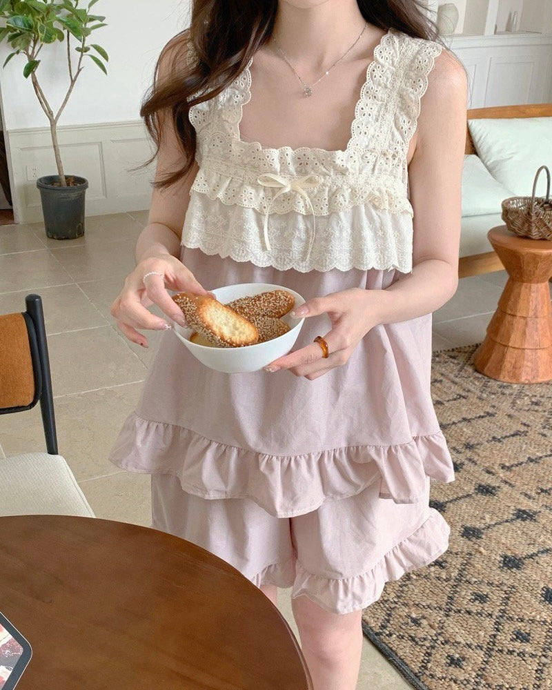 Dusty Pink Lace Trim Pajama Set