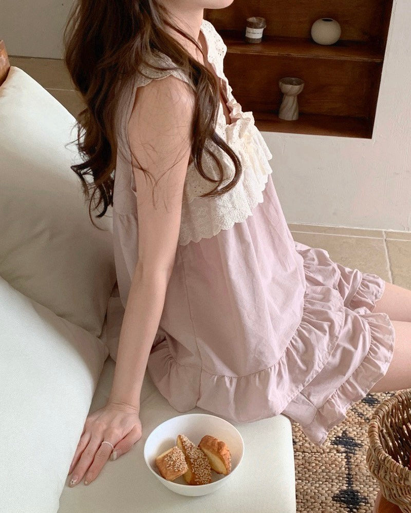 Dusty Pink Lace Trim Pajama Set