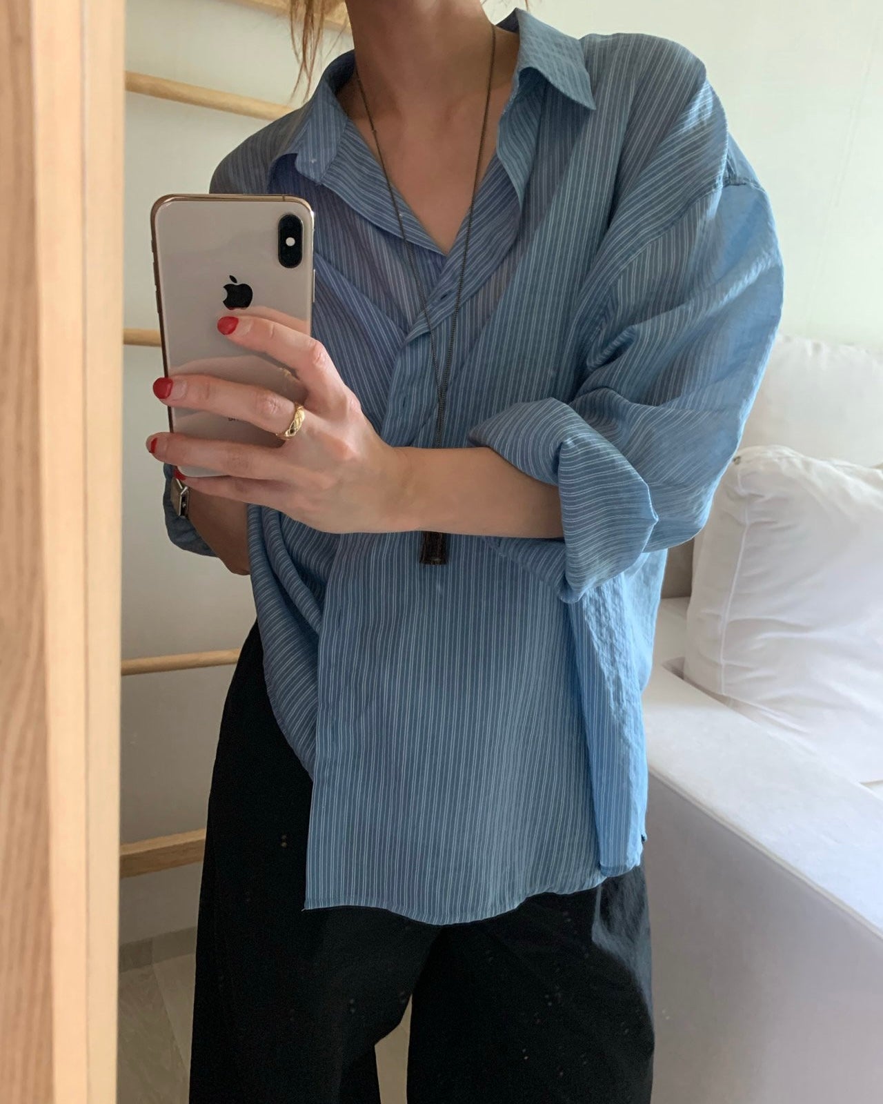 Sheer Striped Side-Button Shirt