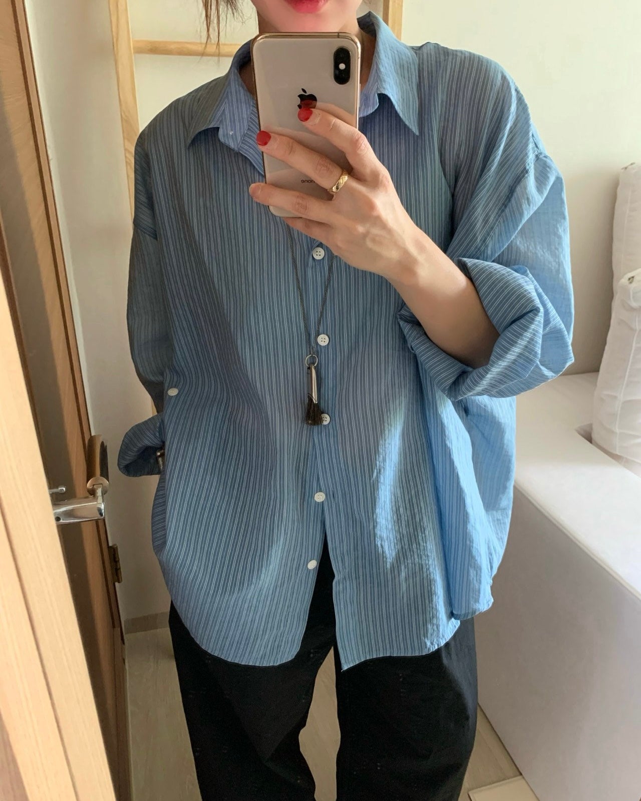 Sheer Striped Side-Button Shirt