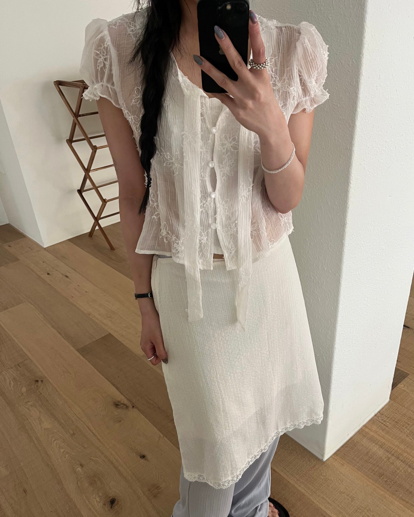 Embroidered Flower Puff Blouse