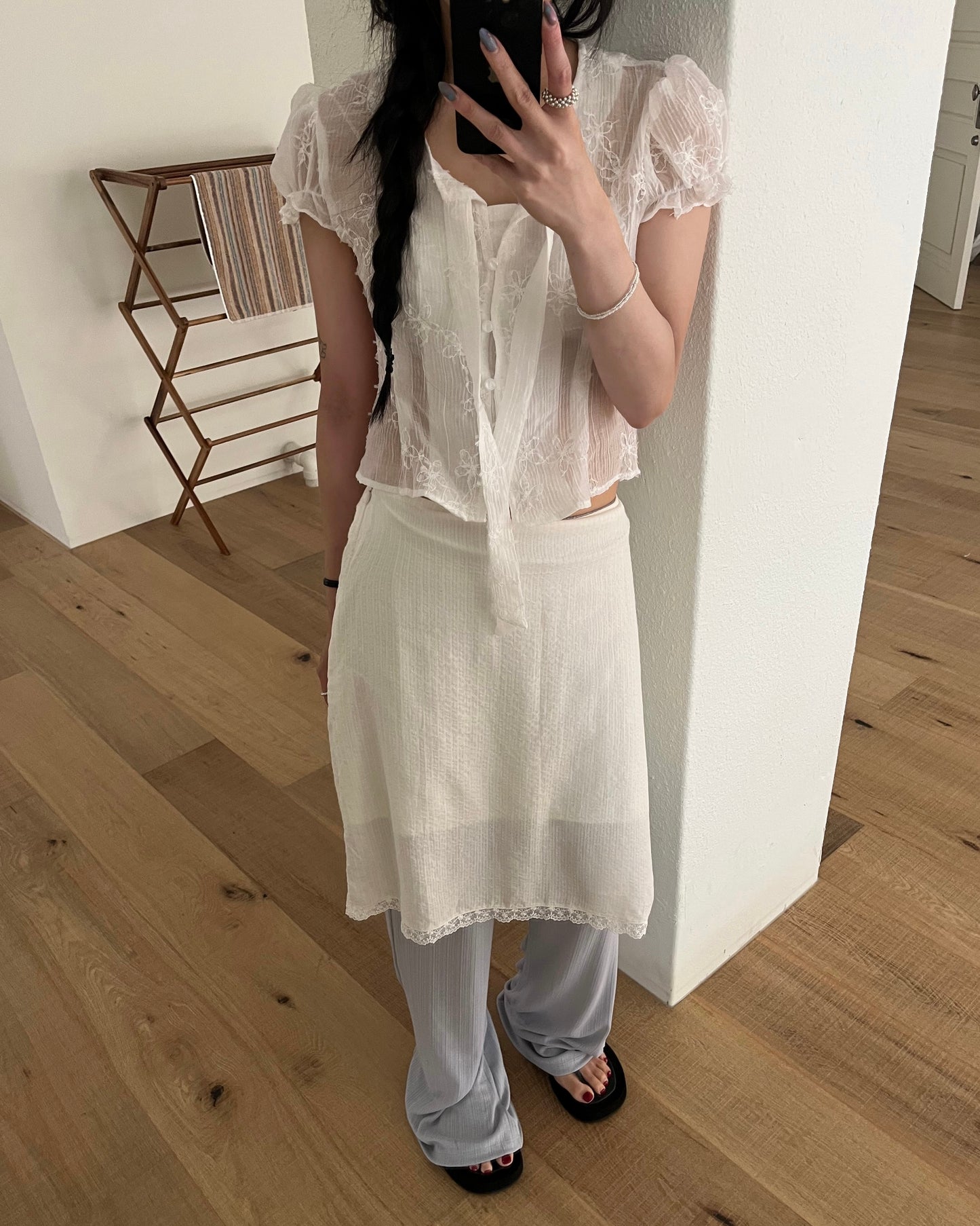 Embroidered Flower Puff Blouse
