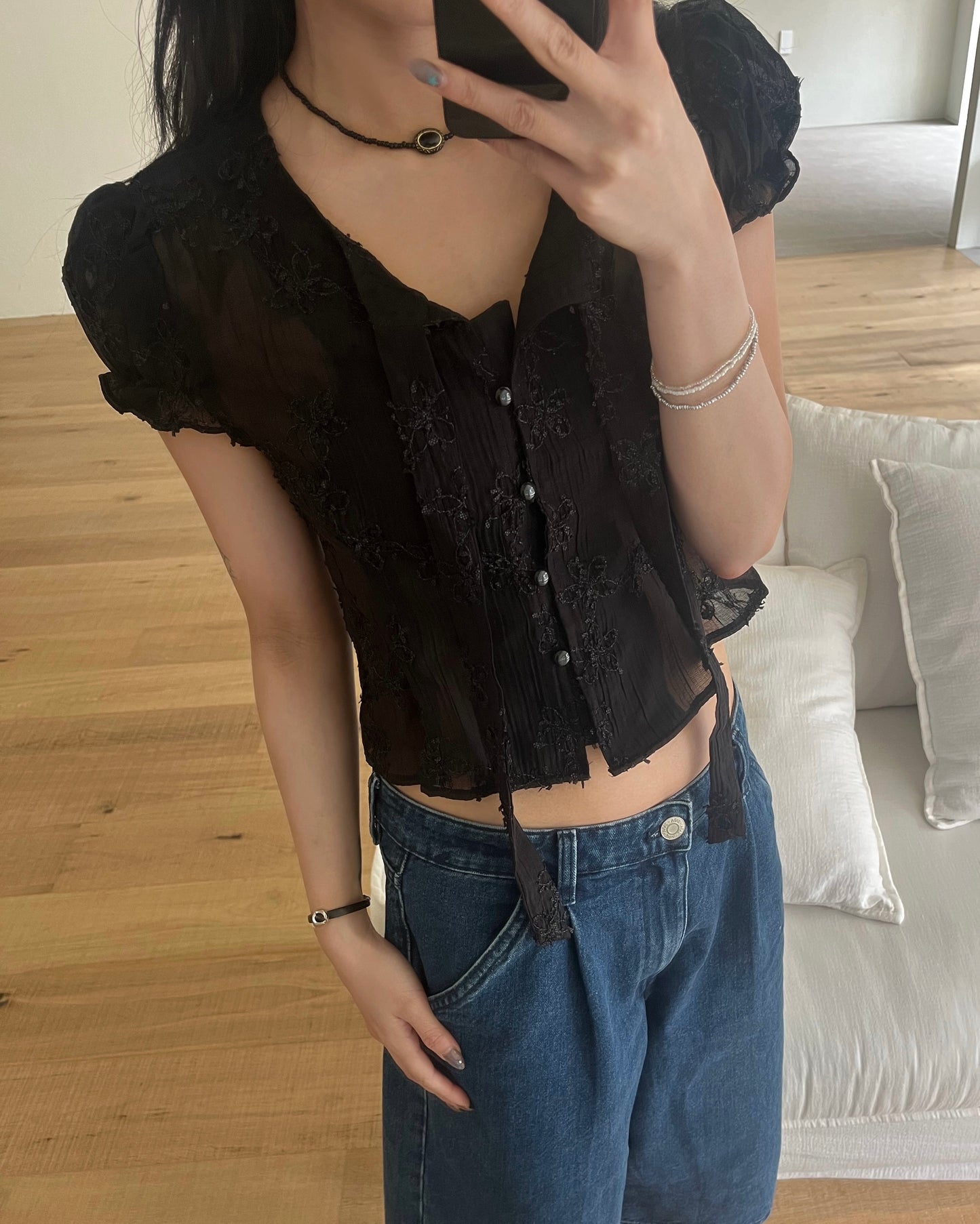 Embroidered Flower Puff Blouse