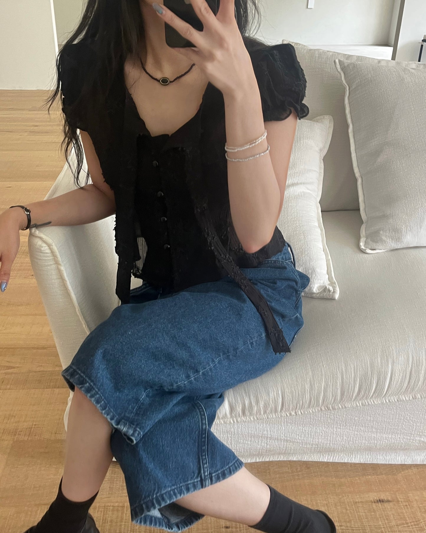 Embroidered Flower Puff Blouse