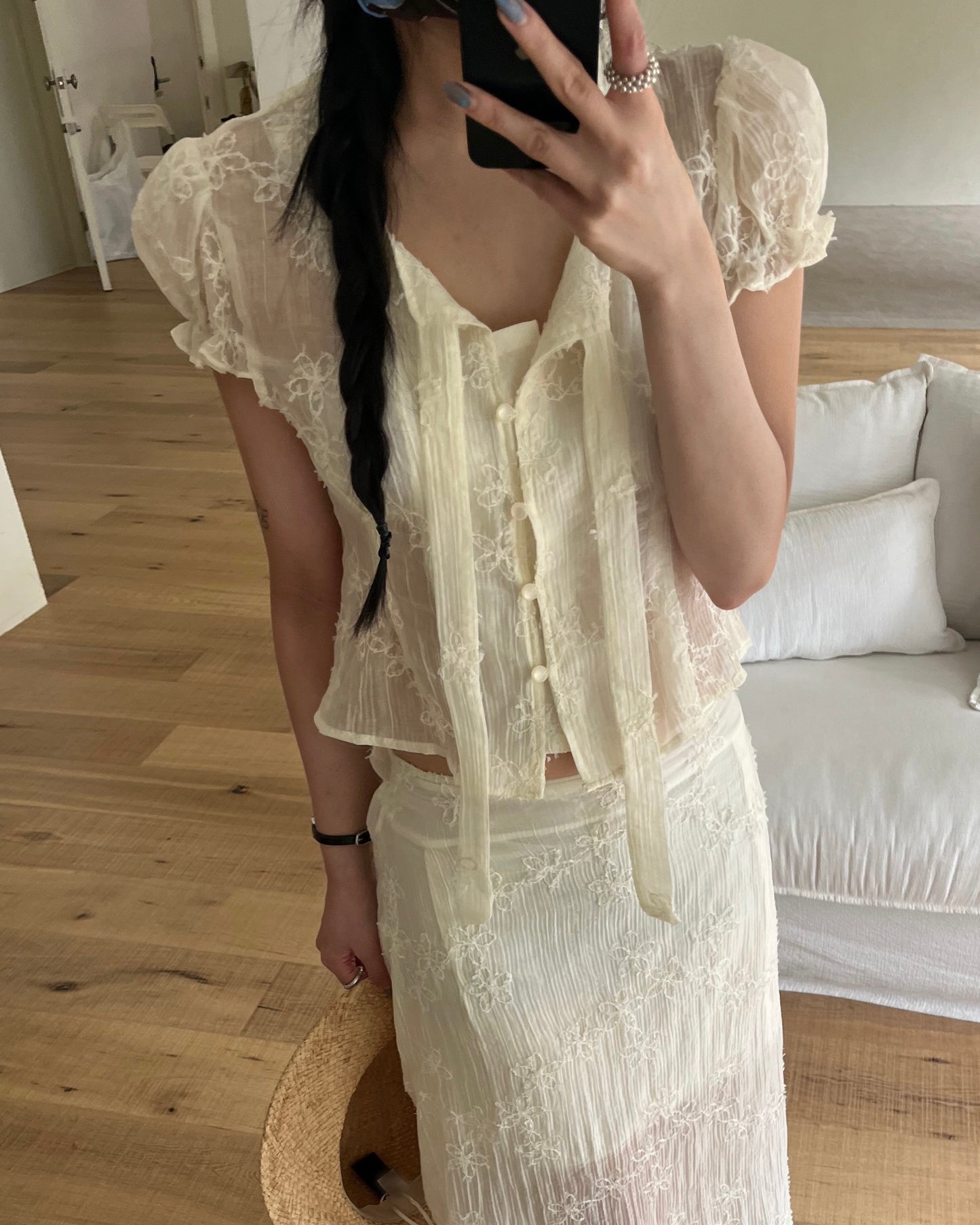 Embroidered Flower Puff Blouse