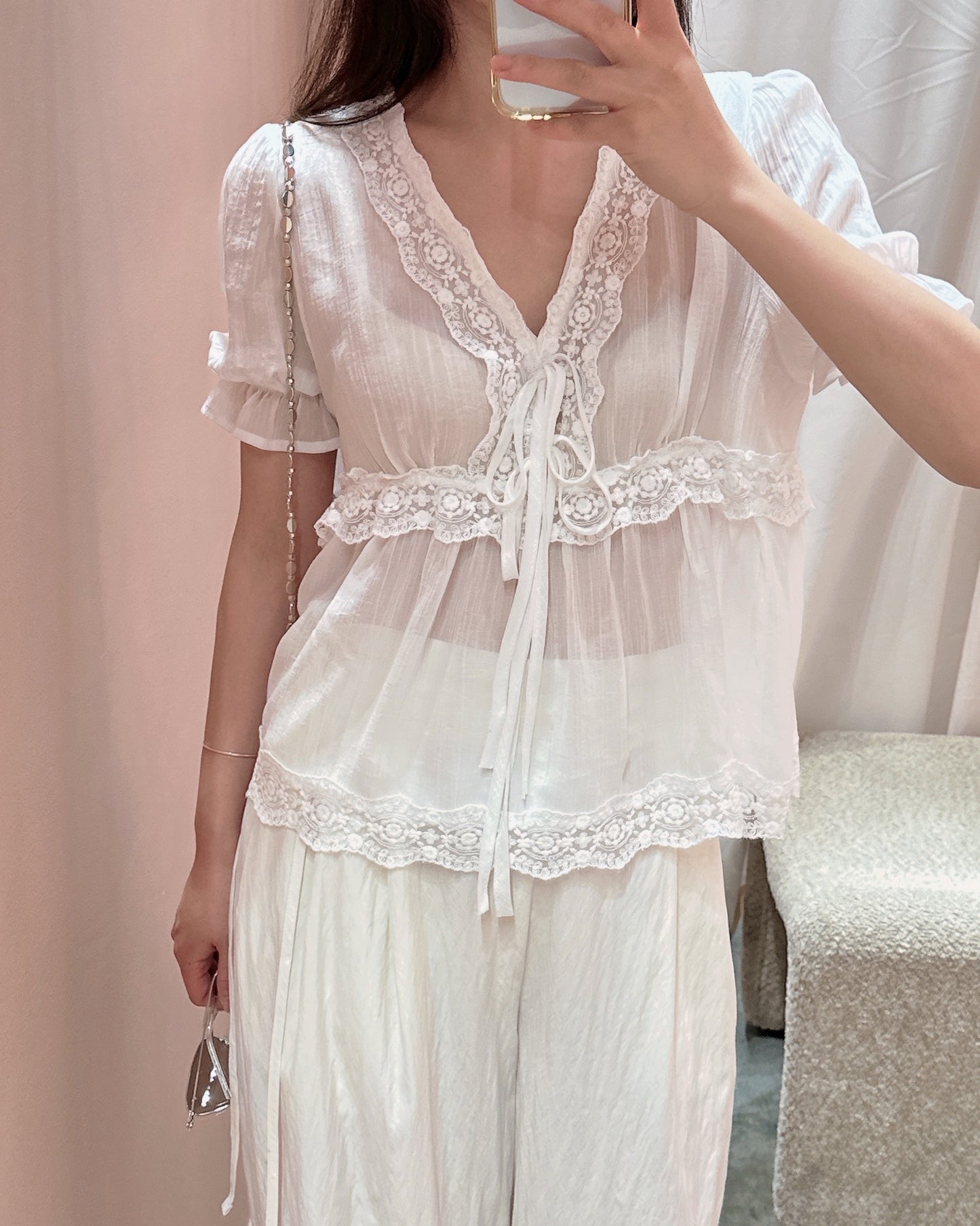Lace Trim Sheer Blouse