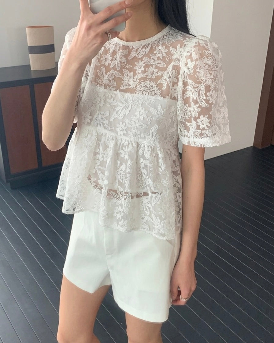 Embroidered Sheer Peplum Blouse