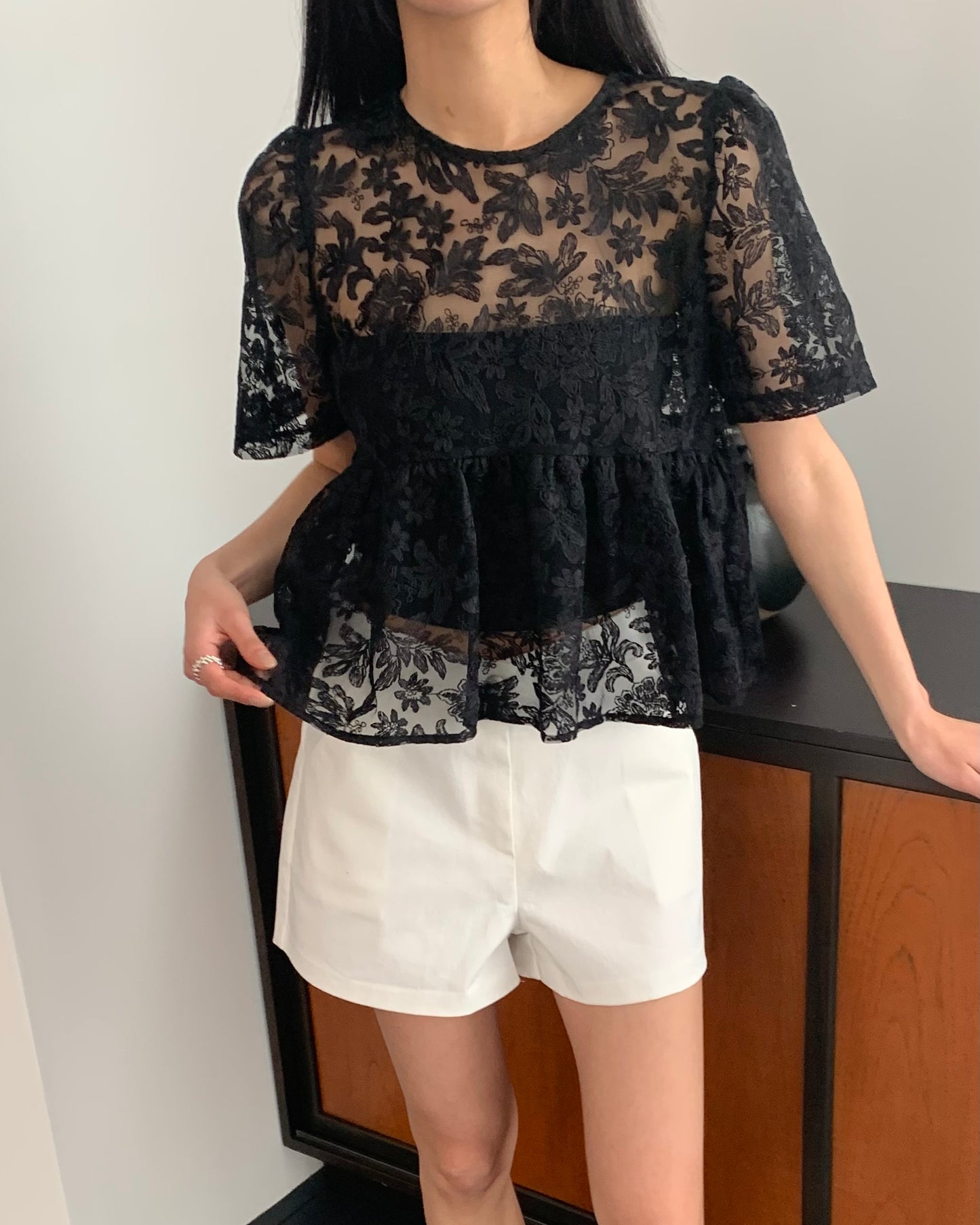 Embroidered Sheer Peplum Blouse