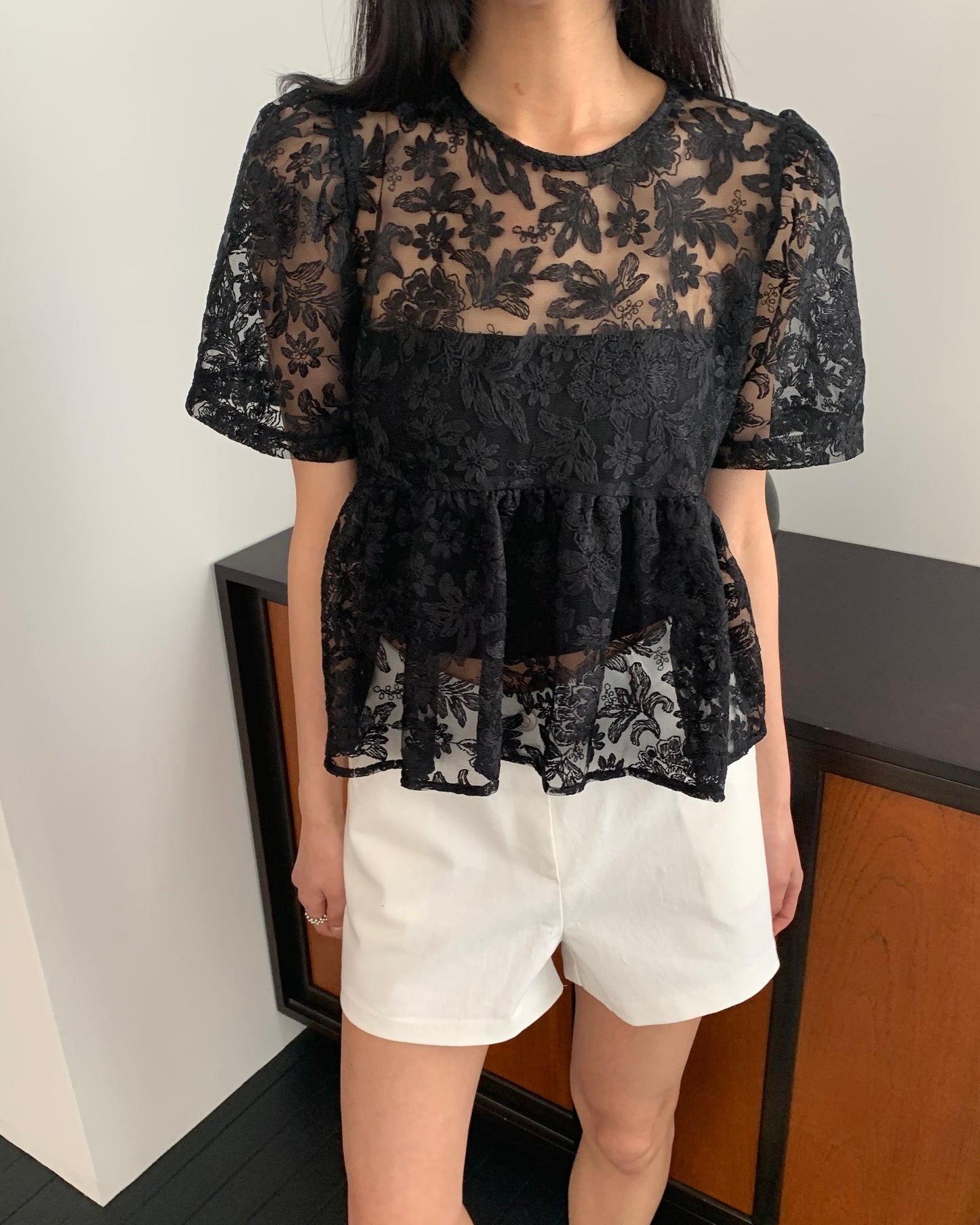 Embroidered Sheer Peplum Blouse