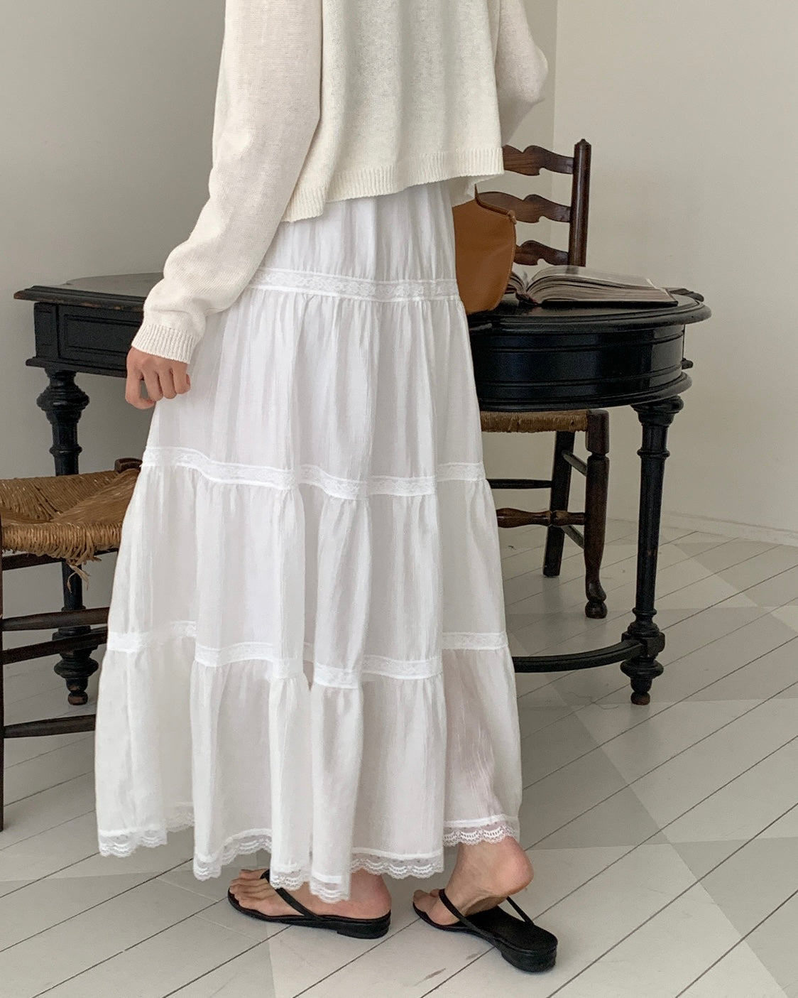 White Lace Tiered Maxi Skirt