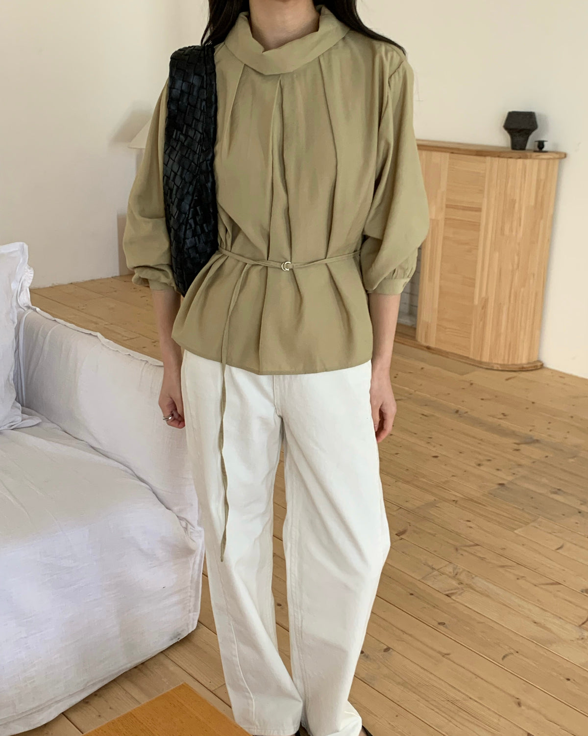 Shimmer Belted Cowl Blouse
