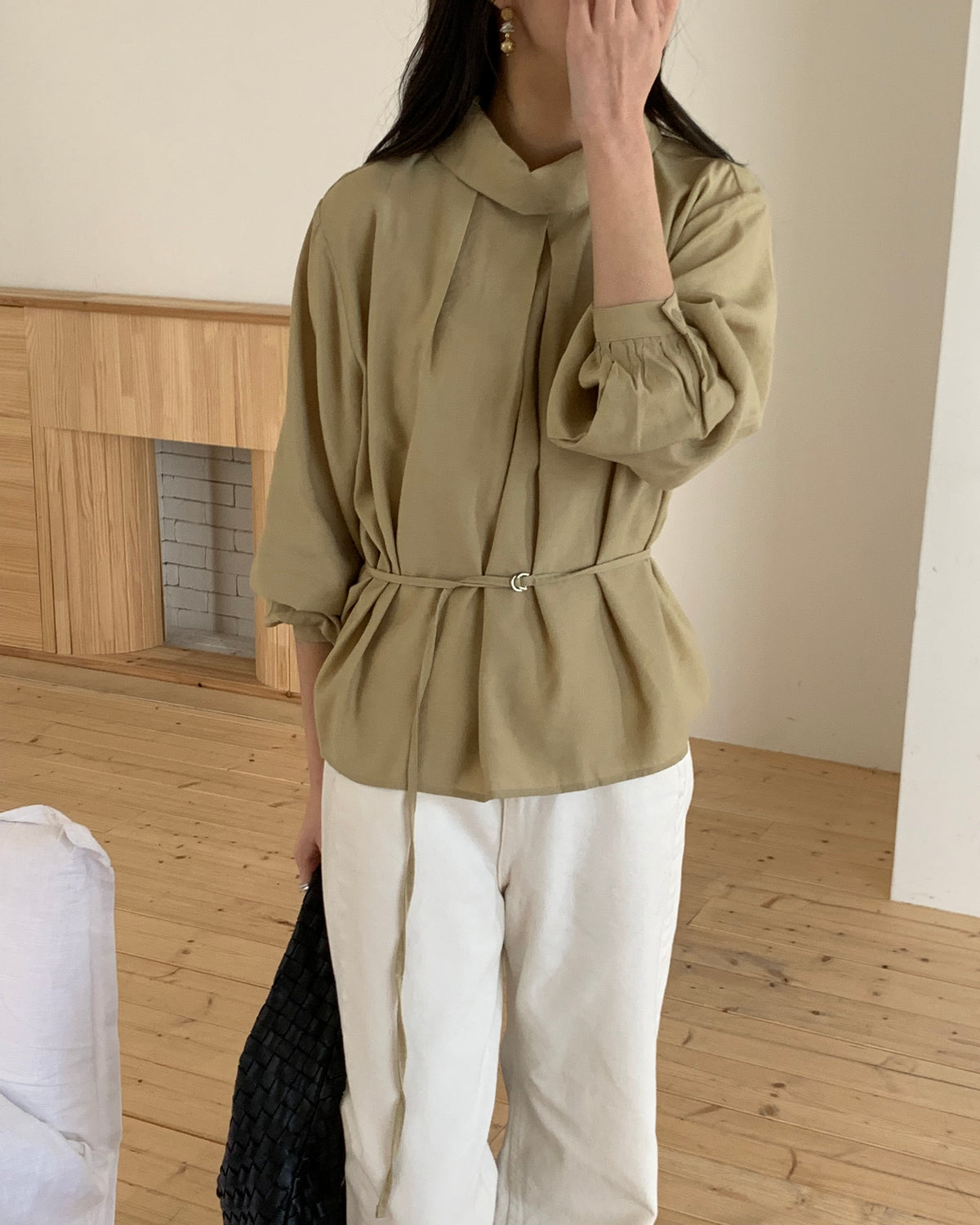 Shimmer Belted Cowl Blouse