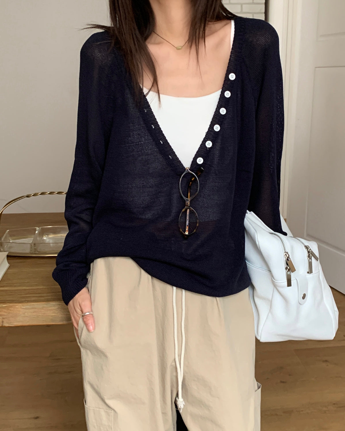 Sheer Button V-Knit