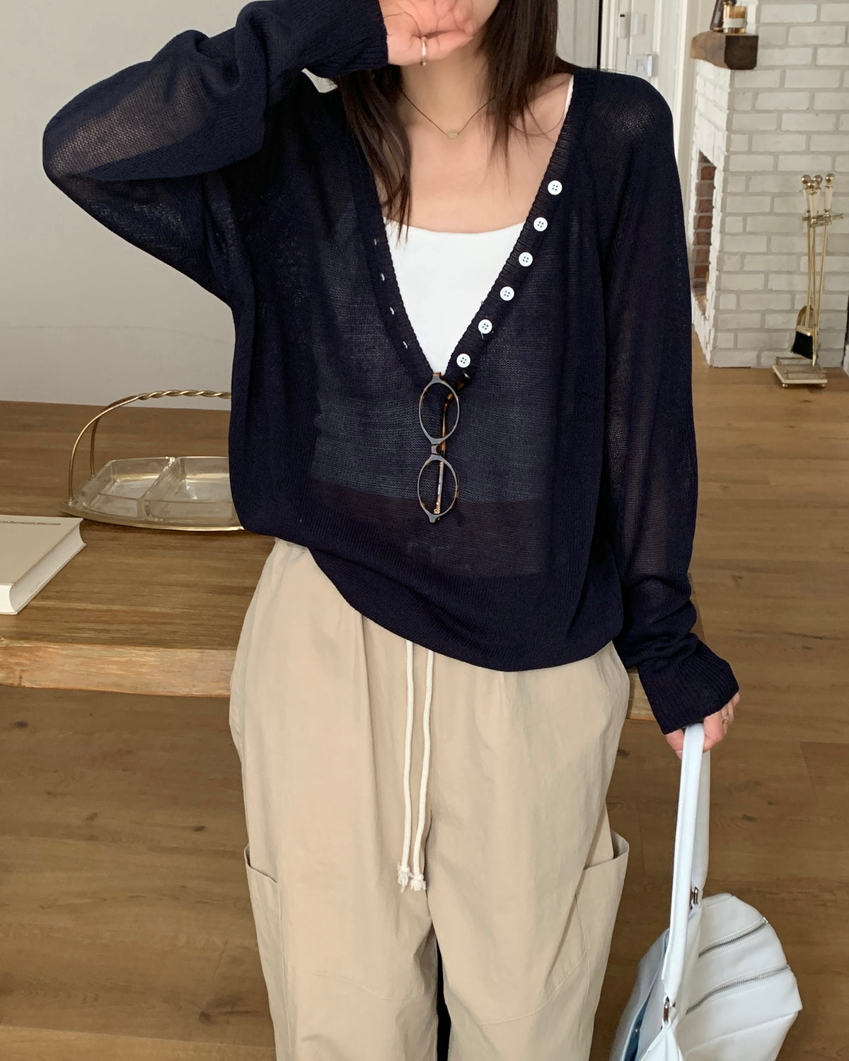 Sheer Button V-Knit