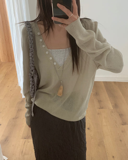 Sheer Button V-Knit