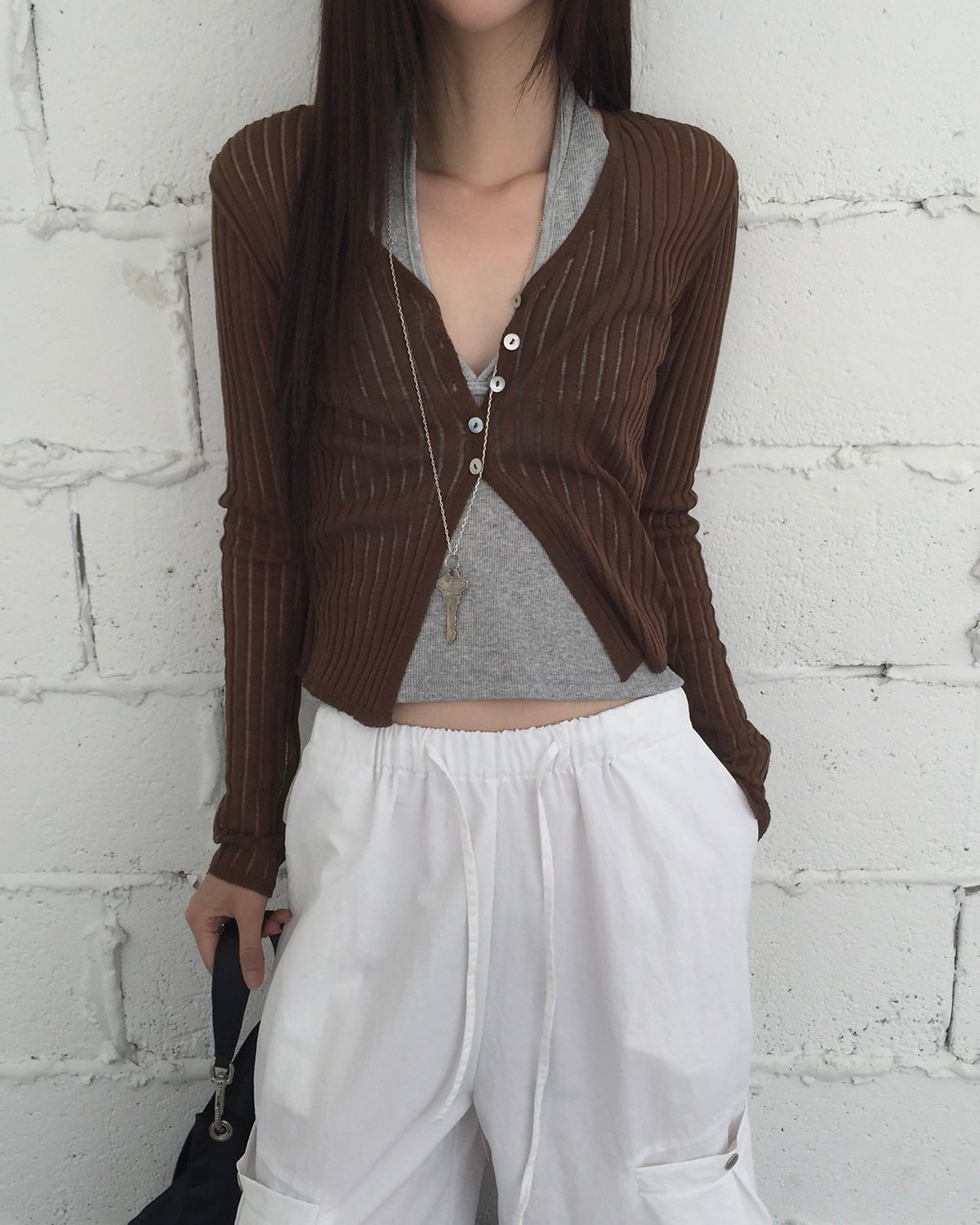 Shell Button Rib Cardigan