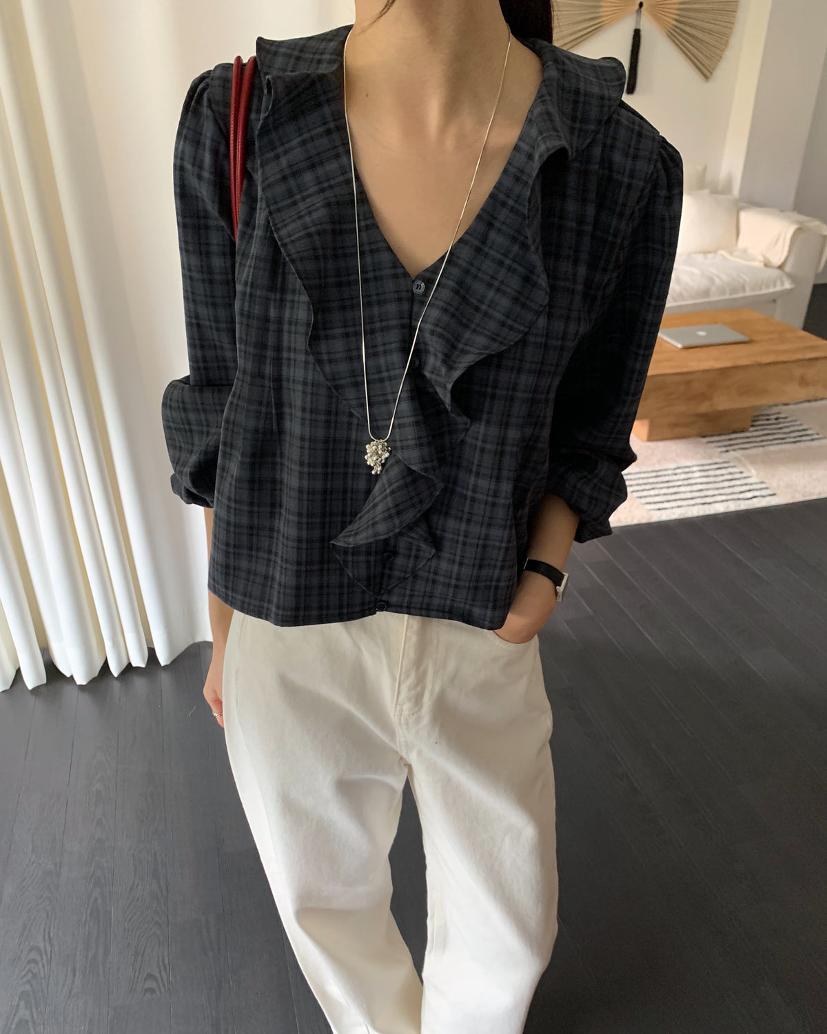 Vintage Check Ruffle Blouse