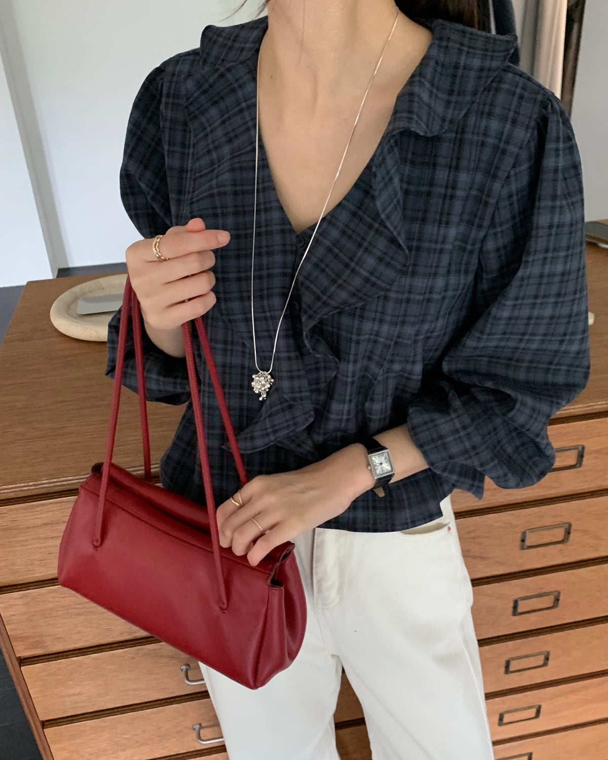 Vintage Check Ruffle Blouse