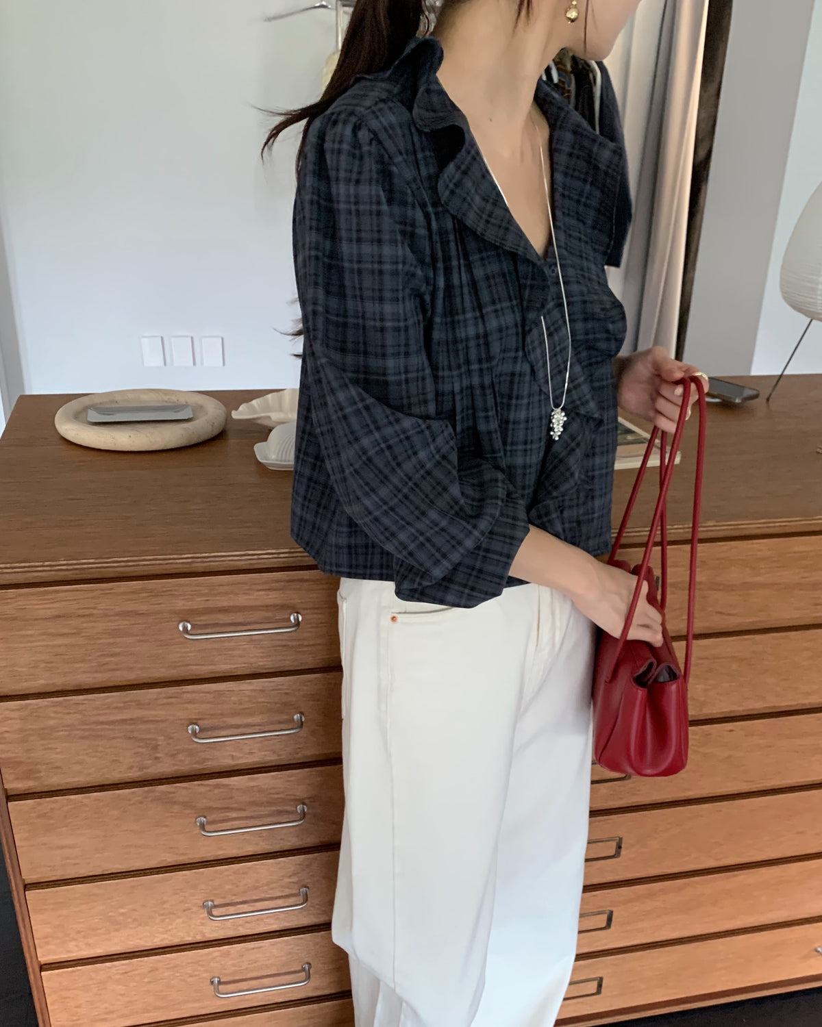 Vintage Check Ruffle Blouse