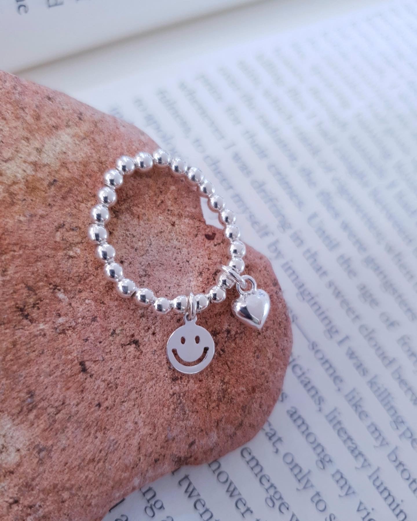 925 Silver Smile & Heart Bead Ring