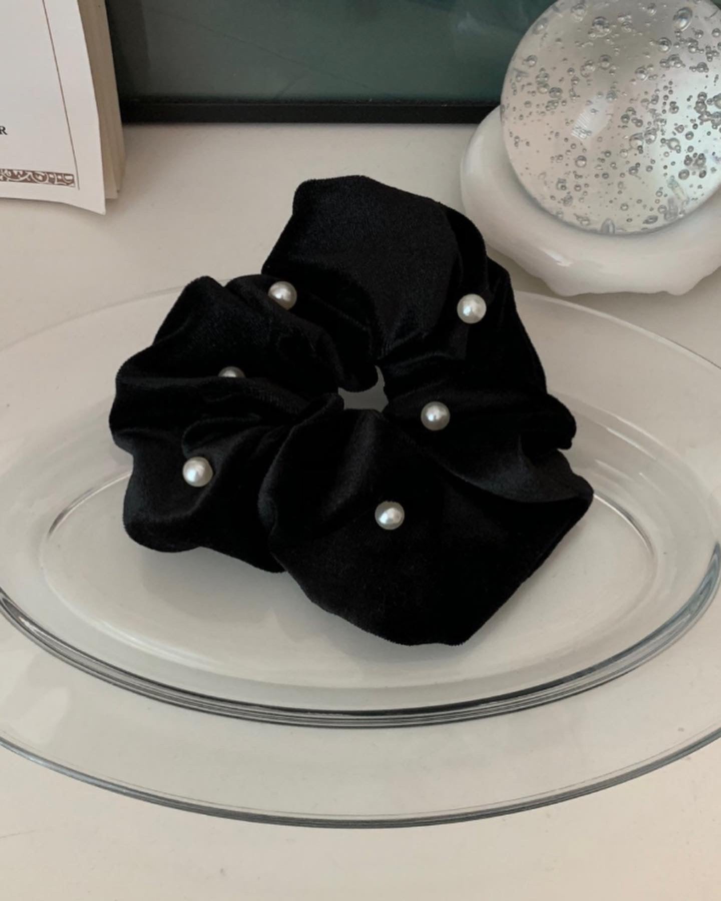 Black Velvet Pearl Scrunchie