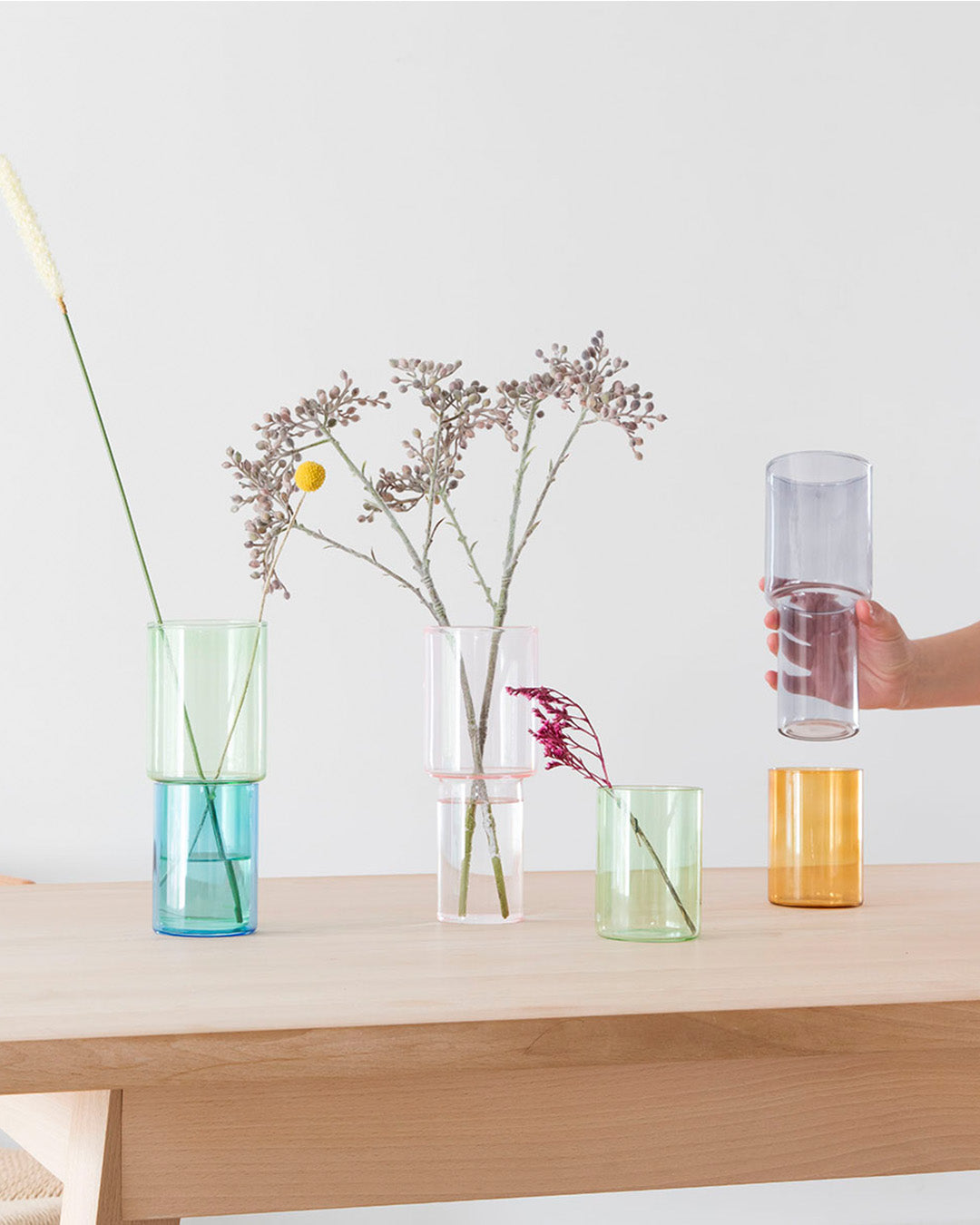 Block Design Stacking Glass Vase - Pink & Green